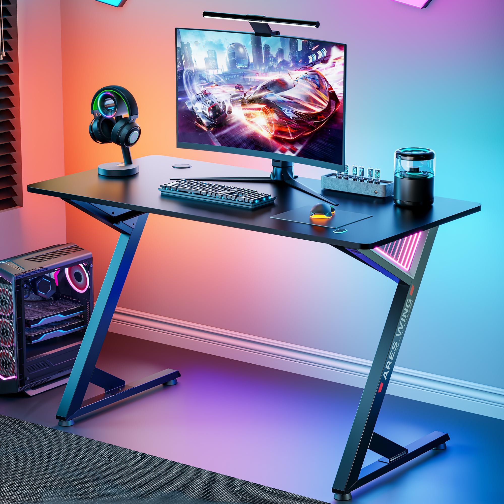 47 Inch ARES WING Gaming Desk with LED Lights & Cable Management - Ergonomic Carbon Fiber Computer Desk for Home Office & Gaming Room - Perfect for PC Setup, Streaming & Esports