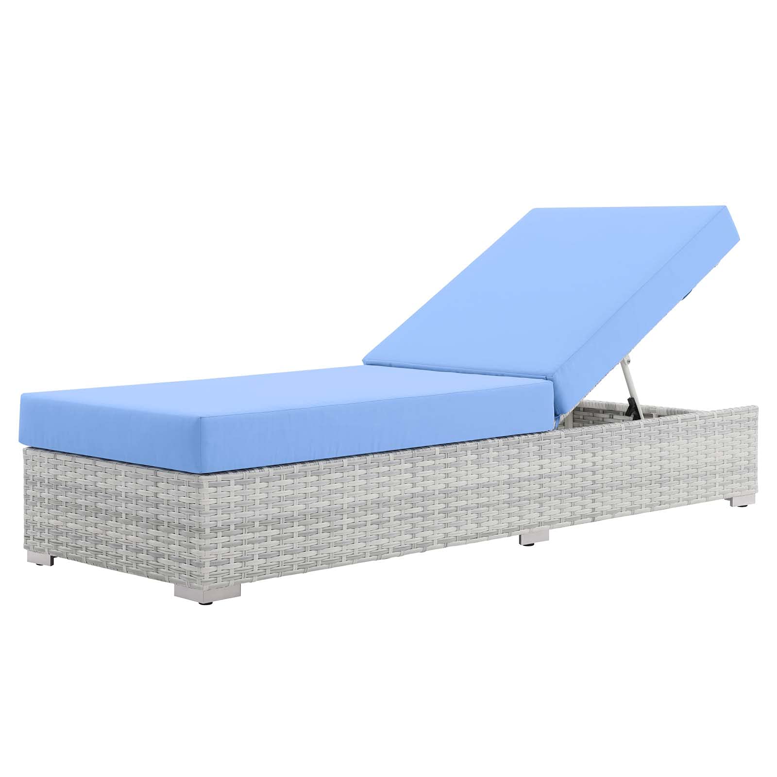 Modern Grey Light Blue Rattan Wicker Lounge Chair Chaise for Outdoor Patio, Balcony, Cafe, Bistro, and Poolside Relaxation