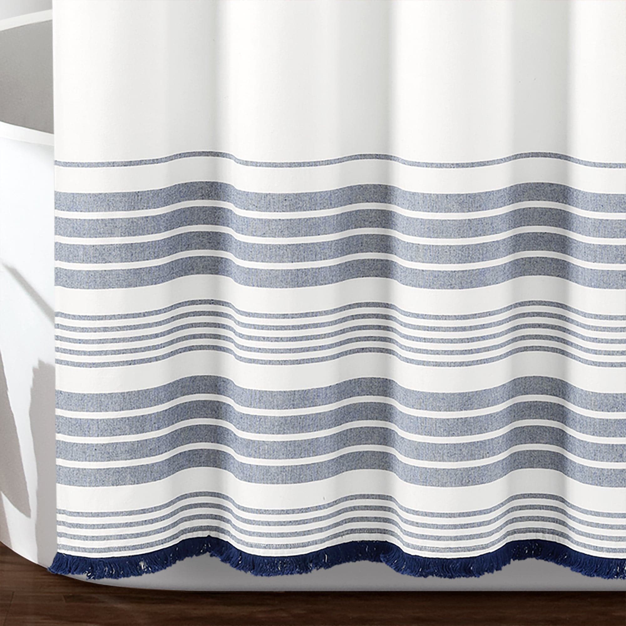 Nantucket Yarn Dyed Tassel Fringe Shower Curtain - Coastal Bathroom Decor for Beach House, Farmhouse & Boho Style