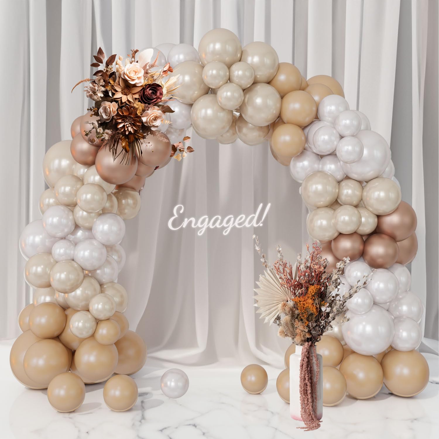 Pearl White & Champagne Metallic Balloon Arch Kit - Double Stuffed Balloon Garland for Boho Wedding, Baby Shower, Bridal Backdrop Decor - Neutral Nude, Cream, Apricot, Coffee & Sand Balloons for Party Decorations