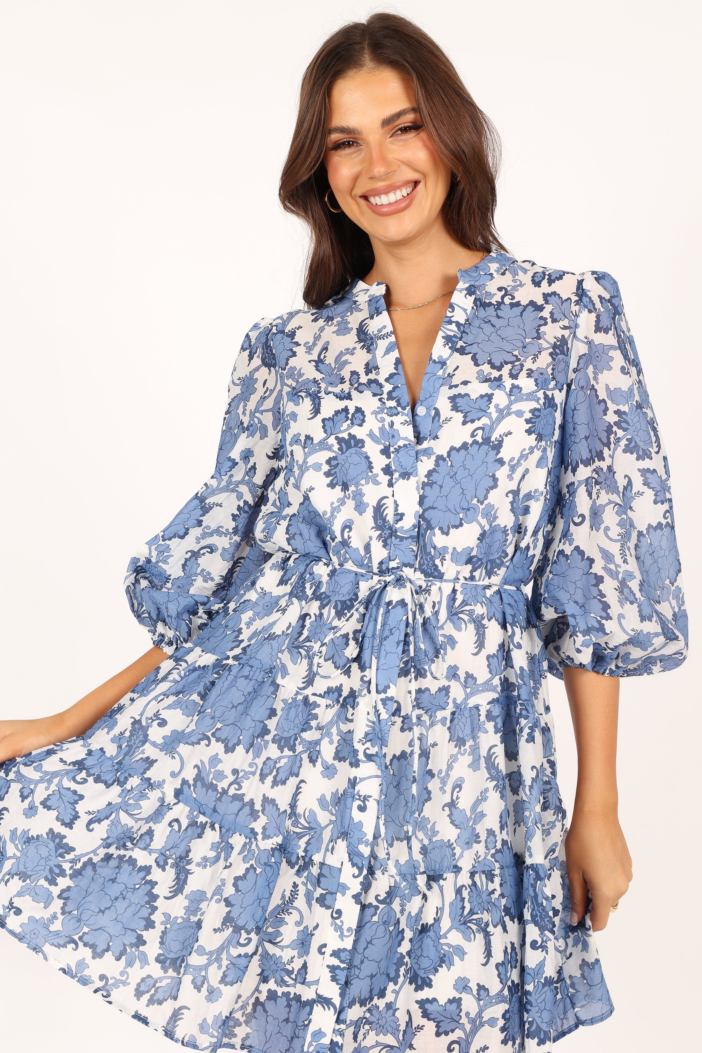 Dierdre Long Sleeve Mini Dress - Blue Floral Print Women's Party Dress for Cocktail, Wedding & Date Night