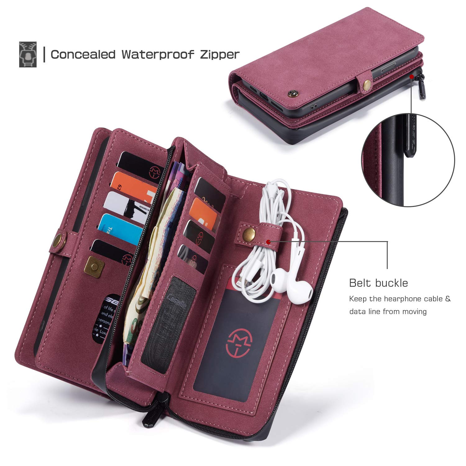 Premium iPhone 11 Pro Max Leather Wallet Case - Detachable Magnetic Zipper Cover with 18 Credit Card Slots, Cash Clip & Wrist Strap | Flip Phone Purse for Men & Women (Red) | Perfect for Travel, Work & Everyday Protection