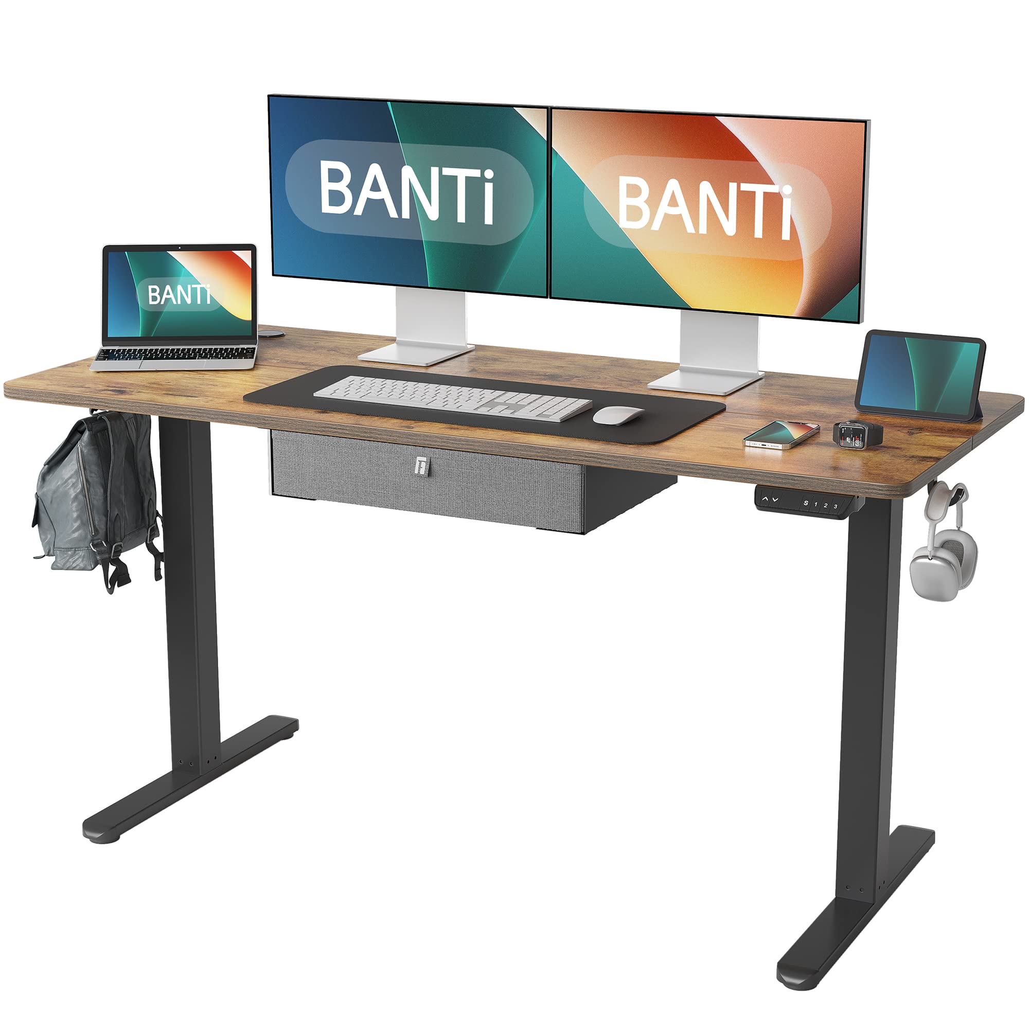 BANTI 55x24 Inches Electric Adjustable Height Standing Desk with Drawers - Black Frame & Rustic Brown Top - Ergonomic Sit Stand Home Office Desk for Work from Home & Remote Work Setup