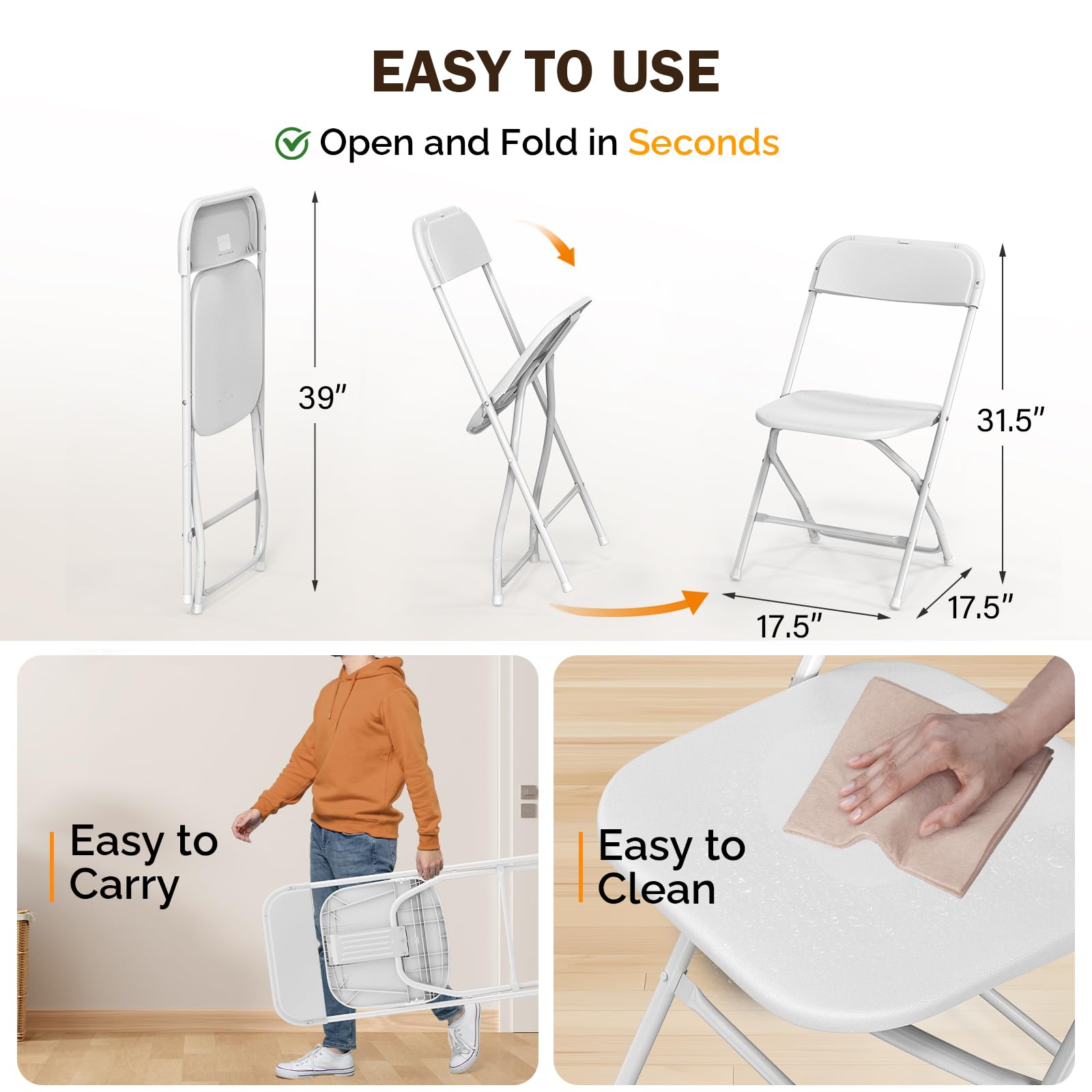 Bonnlo 10-Pack White Folding Chairs - Heavy Duty Plastic Seats with Sturdy Metal Frame - Perfect for Indoor & Outdoor Events, Parties, Weddings, Birthdays, Office Meetings, and Backyard Gatherings