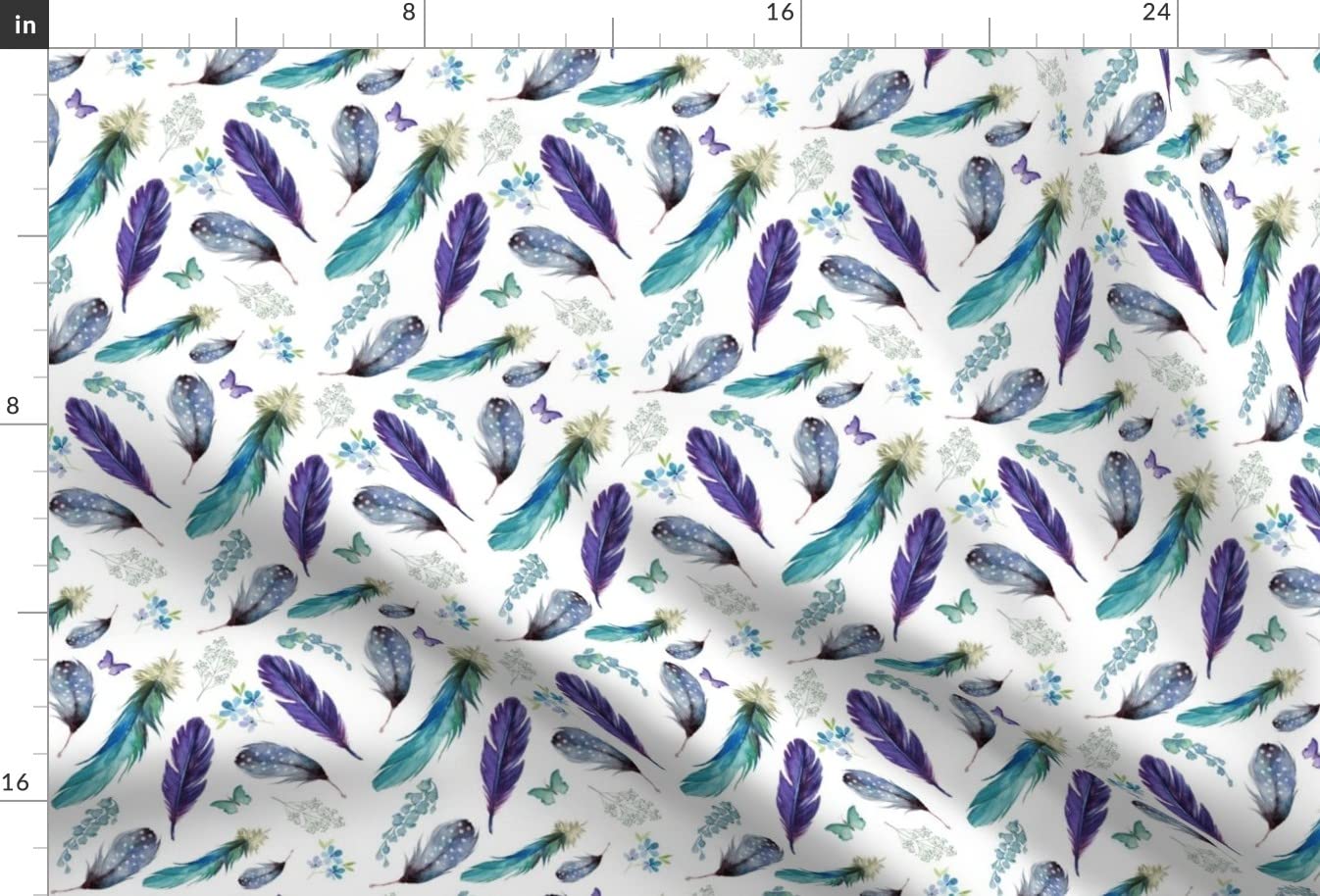 Lilac Mermaid Feathers & Boho Floral Fabric - Purple Butterflies Aqua Print on Soft Minky Fat Quarter - Perfect for Sewing Baby Blankets, Quilt Backing & Plush Toys - DIY Crafting, Nursery Decor & Home Sewing Projects