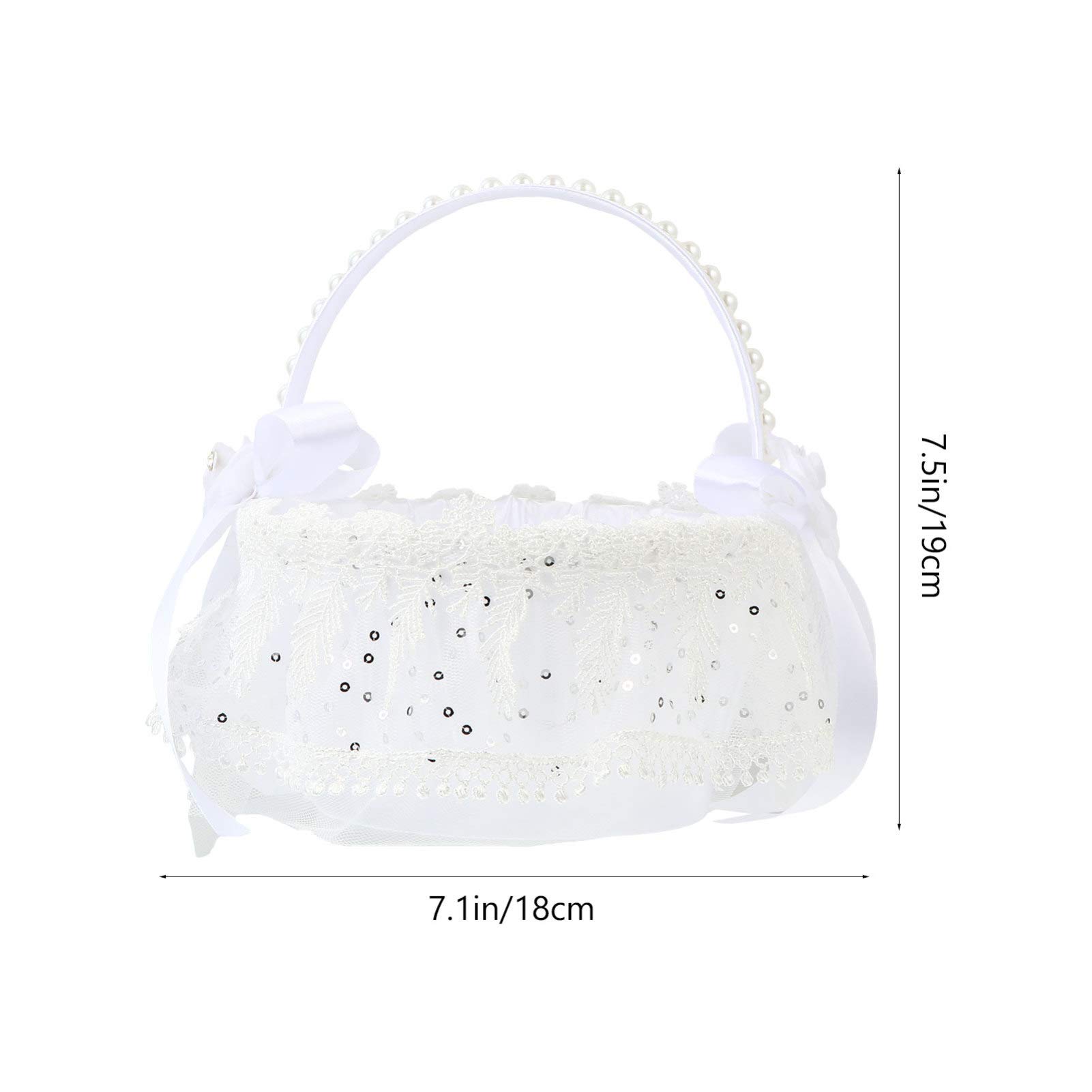 Elegant White Metal Wedding Basket with Lace Rose Sequins & Pearl Handle - 18x18x19cm Round Decorative Basket for Wedding Ceremony, Bridal Shower, Baby Shower & Home Decor