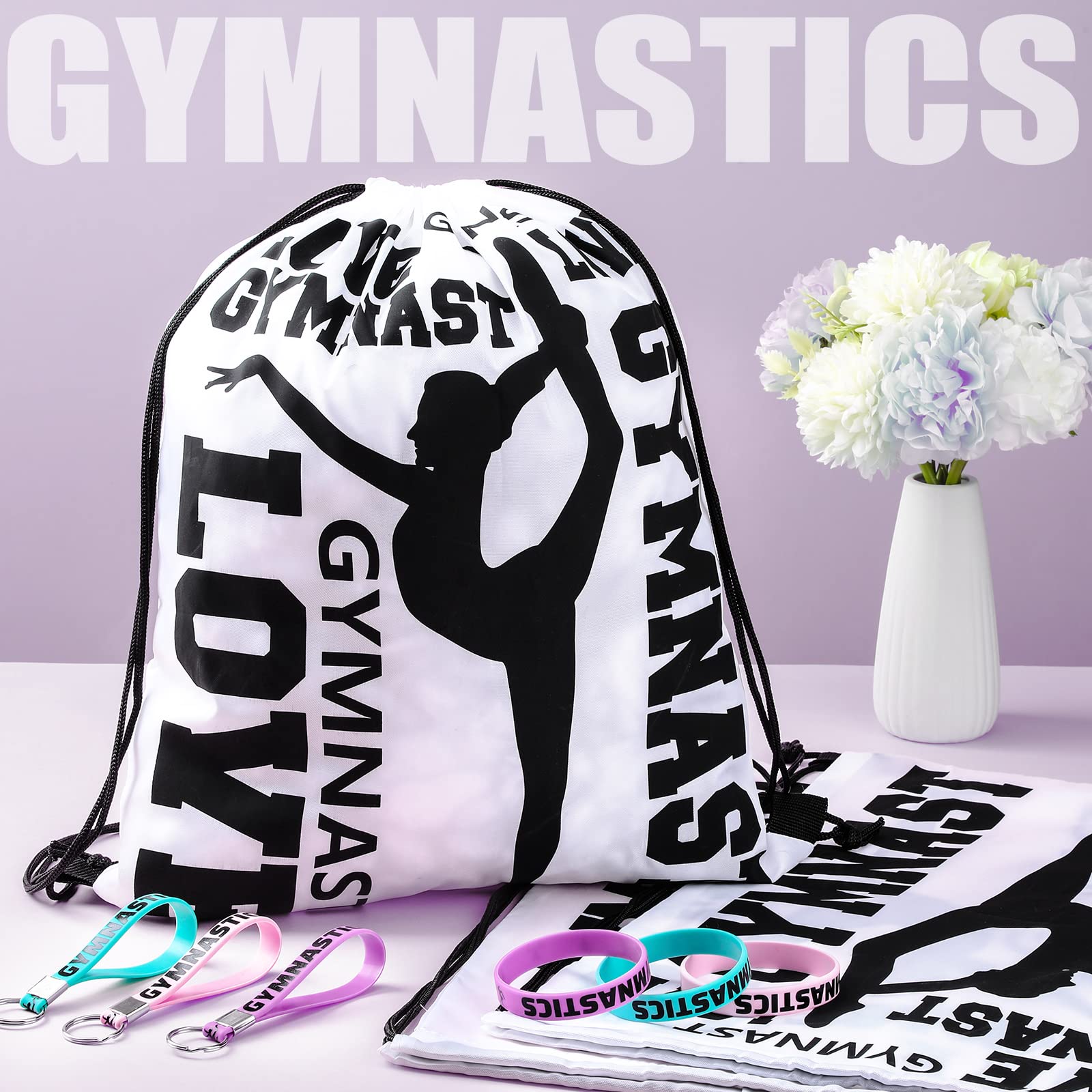 32 Pcs Gymnastics Gift Set - Drawstring Backpack, Rubber Bracelets, Charm Keychain - Perfect for Gym, Yoga, Sports & Party Favors - Great for Women & Men Athletes