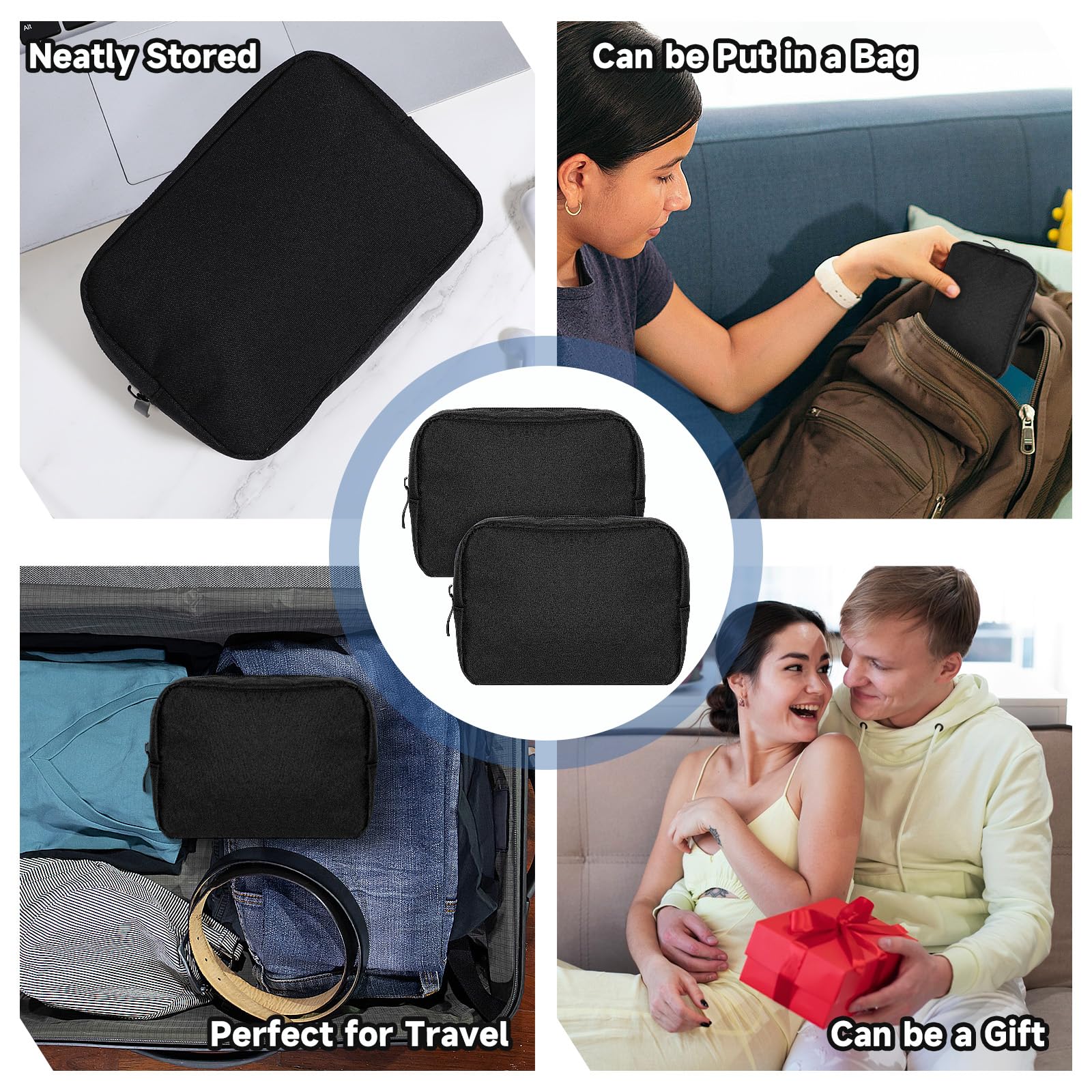 2 Pack Waterproof Small Makeup Bag for Purse - Portable Soft Cosmetic & Electronics Organizer - Mini Toiletry Travel Bag for Women - Perfect for Cosmetics, Jewelry, Phone Accessories & Travel Essentials (Black)