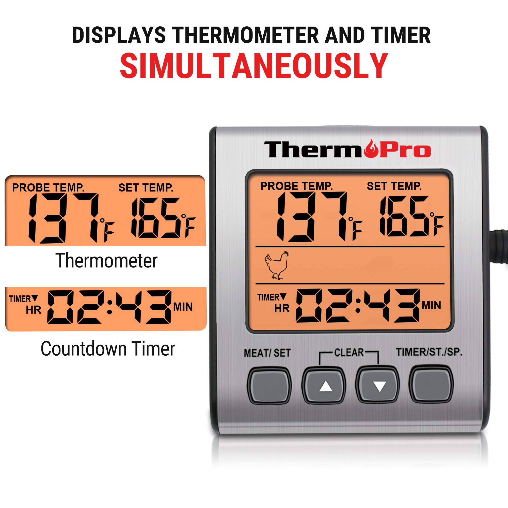 ThermoPro TP16S Digital Meat Thermometer for Grilling & BBQ - Smart Timer Mode & Backlight - Perfect for Cooking, Smoking, and Outdoor Cooking