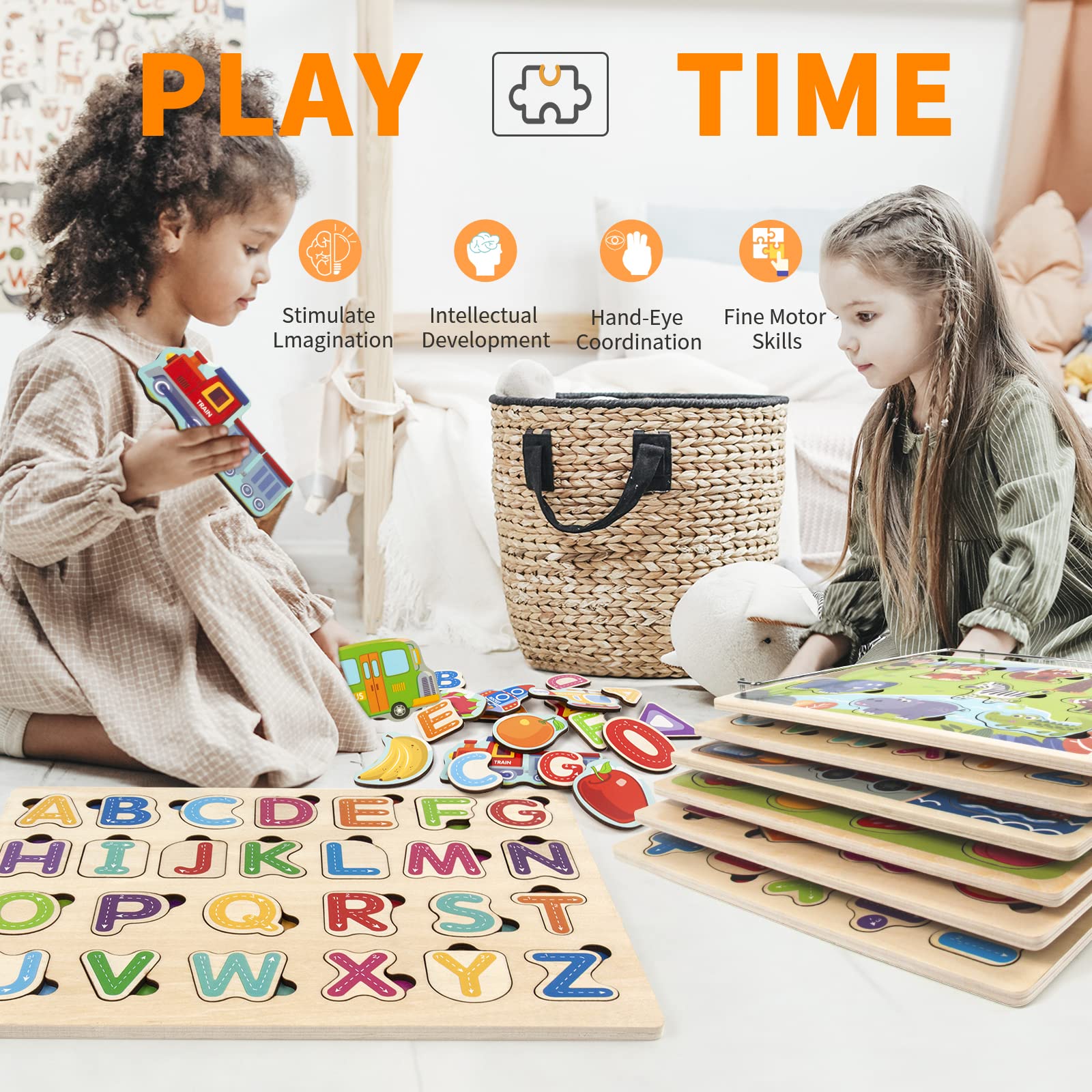 Wooden Puzzles for Toddlers 3-6 with Storage - 6 Pack for Preschool Learning | Playroom & Classroom Use
