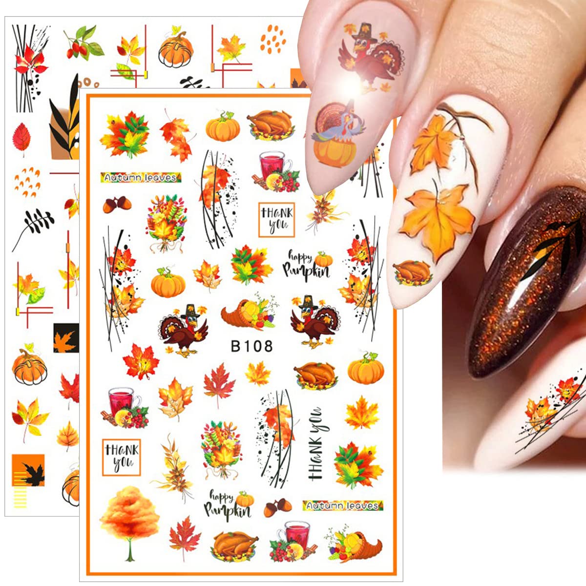 12 Sheets 3D Fall Nail Art Stickers - Autumn Leaves, Maple Leaf & Pumpkin Thanksgiving Nail Decals for Women | DIY Manicure Decorations for Halloween, Thanksgiving Parties & Seasonal Nail Designs