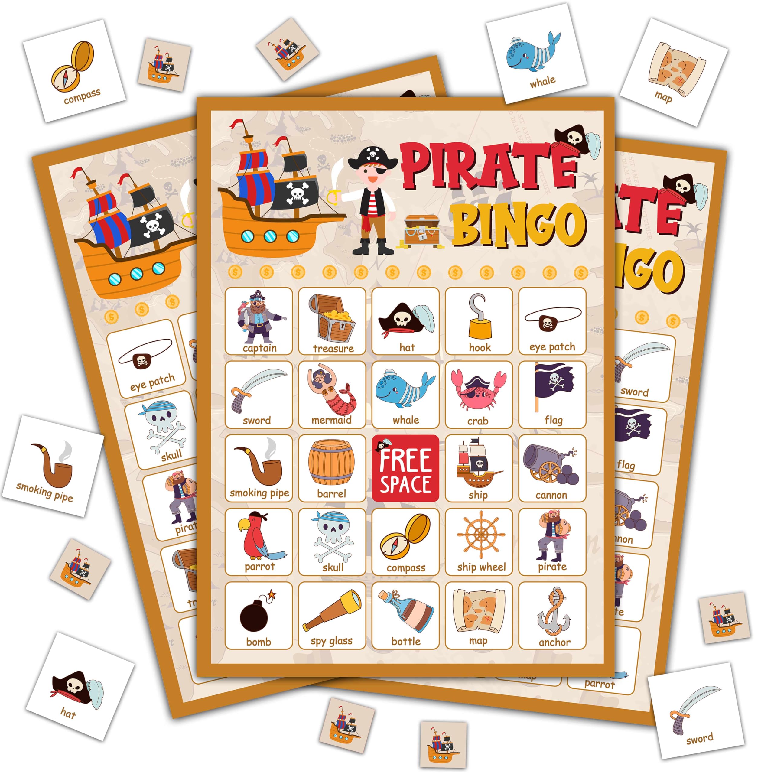 Pirate Bingo Game Set for Adults - 24 Player Pirate Themed Bingo Cards with Caller Chips - Perfect for Pirate Parties, School Events, Birthday Celebrations & Themed Decorations | Fun Group Game for Halloween, Costume Parties & Family Game Nights