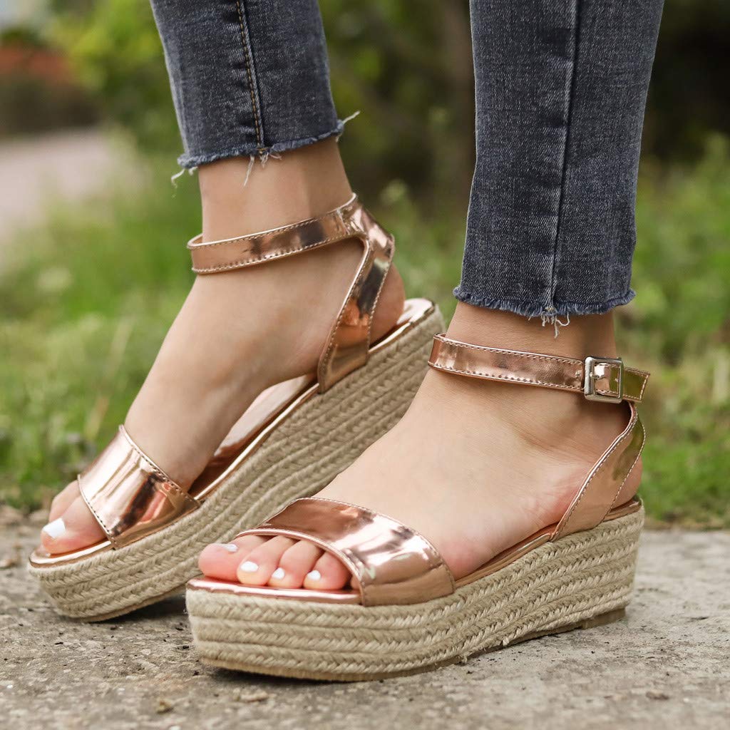 Women's Wide Width Wedge Sandals with Ankle Buckle - 2020 Fashion Summer Beach Sandals, Open Toe Espadrille Platform Shoes for Casual Outings, Vacations & Beach Wear