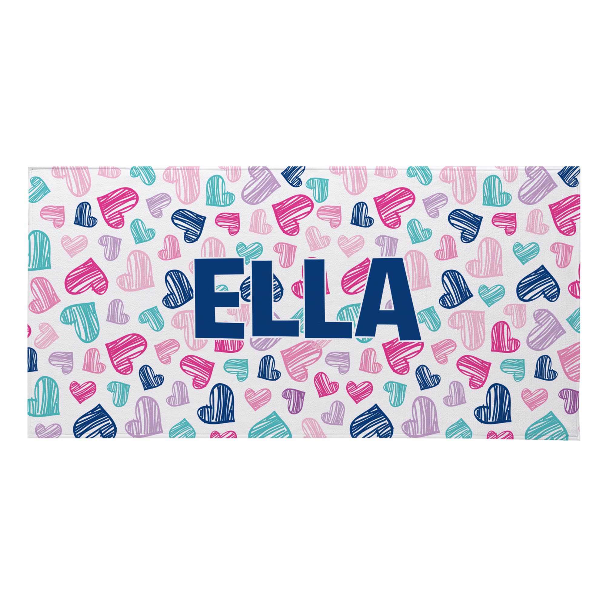 Personalized Beach Towel - Custom Name Printed - Large Standard Size - Bright Hearts Design - Perfect for Beach, Pool, Camping & Vacation - Great Gift for Summer Travel, Family Outings & Romantic Getaways