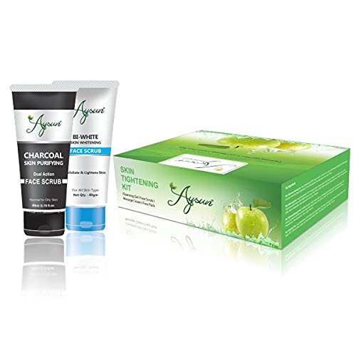 Aysun Skin Tightening Kit & Charcoal Face Scrub Combo Pack - 3-in-1 Facial Treatment for Pore Minimizing, Exfoliation & Brightening | At-Home Spa & Skincare Routine