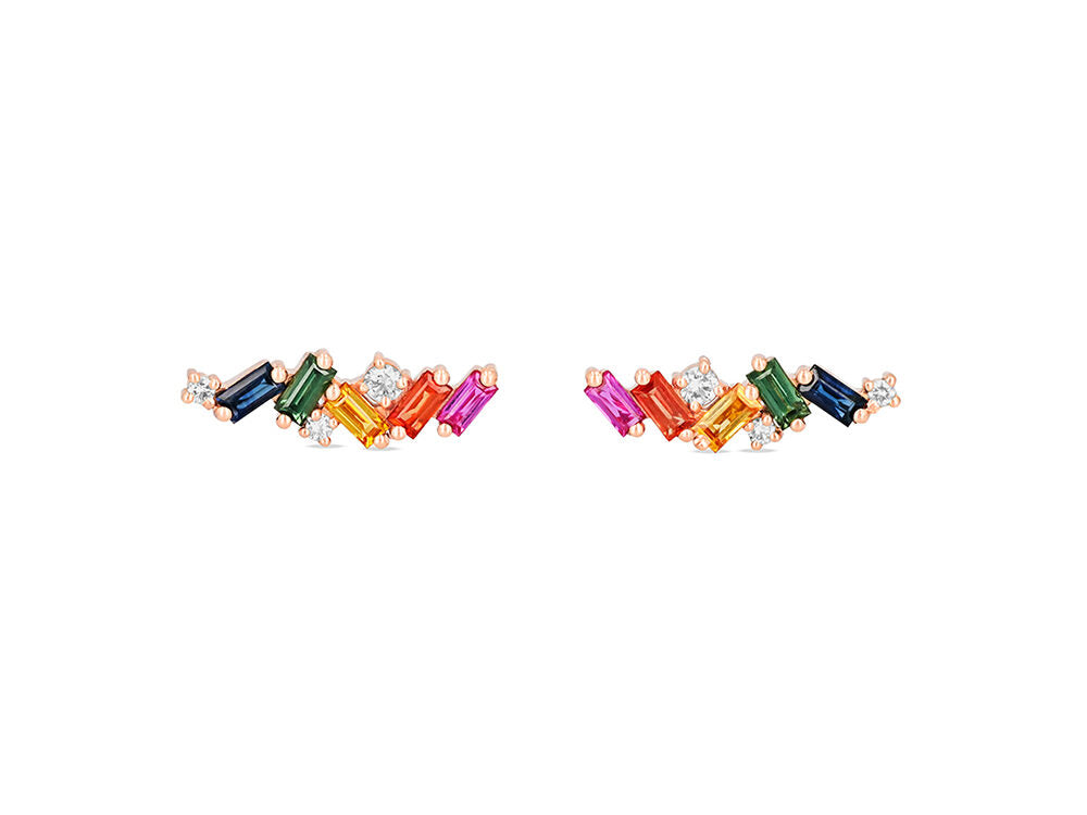 Suzanne Kalan Rose Gold Rainbow Sapphire & Diamond Zig Zag Earrings for Women | Luxury Statement Jewelry for Parties, Weddings & Special Occasions