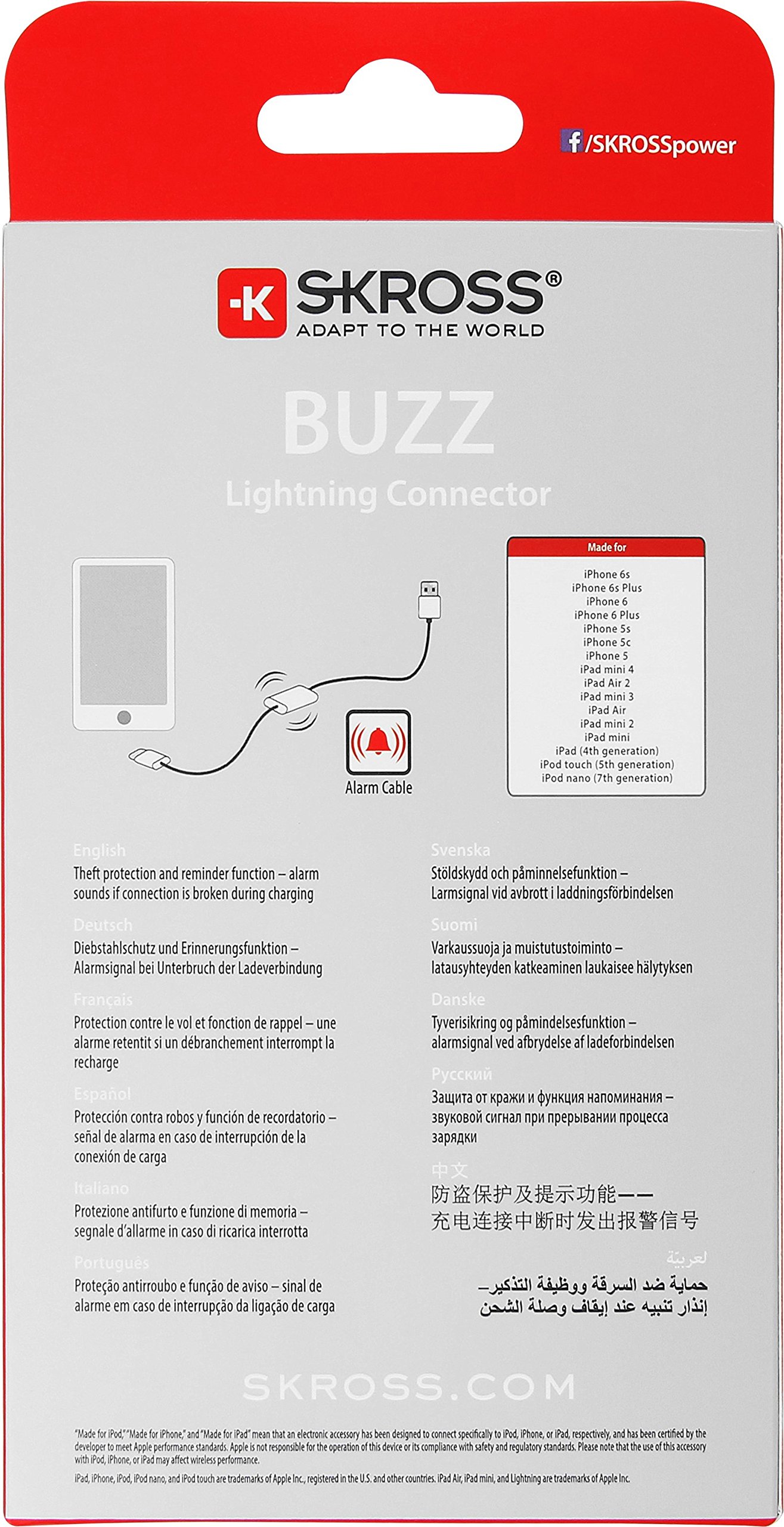 Skross Buzz Lightning Connector Charge and Sync Alarm Cable - Compatible with iPhone, iPad & All Lightning Devices | Fast Charging & Data Sync | Perfect for Home, Office & Travel [SKR2700211]
