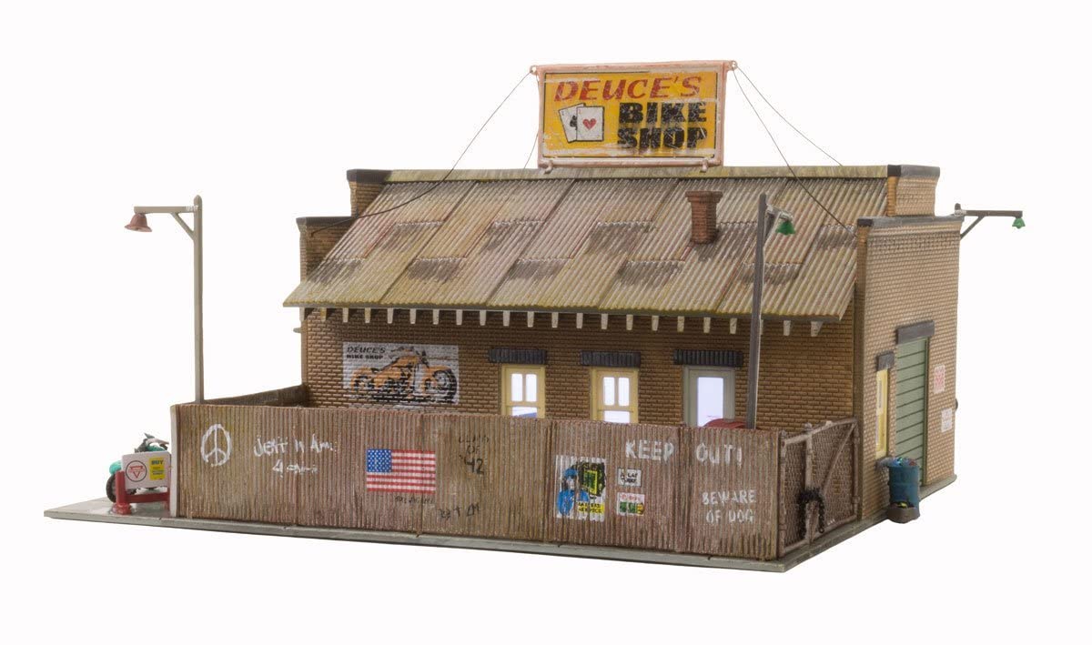 Woodland Scenics HO Scale Deuce's Bike Shop - Pre-Built Landmark Structure for Model Train Layouts | Perfect for Railroad Scenery, Dioramas & Miniature Displays