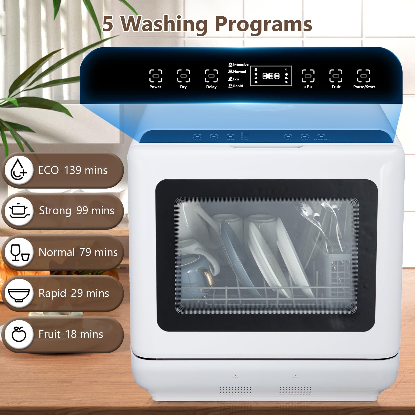 Portable Countertop Dishwasher with Built-in Water Tank - 5 Wash Programs, Dual Spray Arms, 149℉ High-Temperature & Air Dry - Compact Dishwasher for RVs, Apartments, Dorms, Small Kitchens - Perfect for Camping, Tiny Homes & Limited Space Living