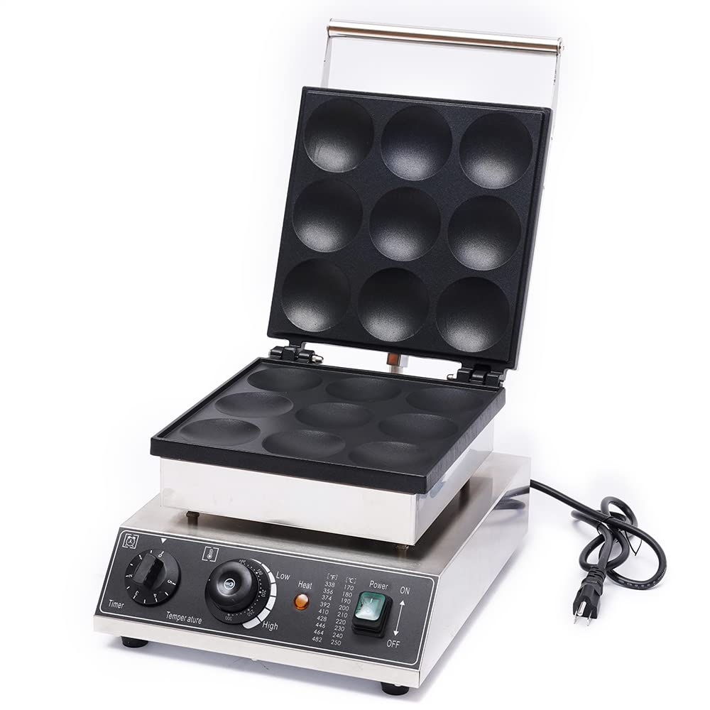 9 Hole Mini Dutch Pancake Maker - 110V Electric Double Plate Waffle & Dorayaki Machine - Nonstick Muffin Iron for Home, Restaurants, Cafes & Bakeries (1750W) - Perfect for Breakfast, Brunch, Desserts & Small Business Food Prep