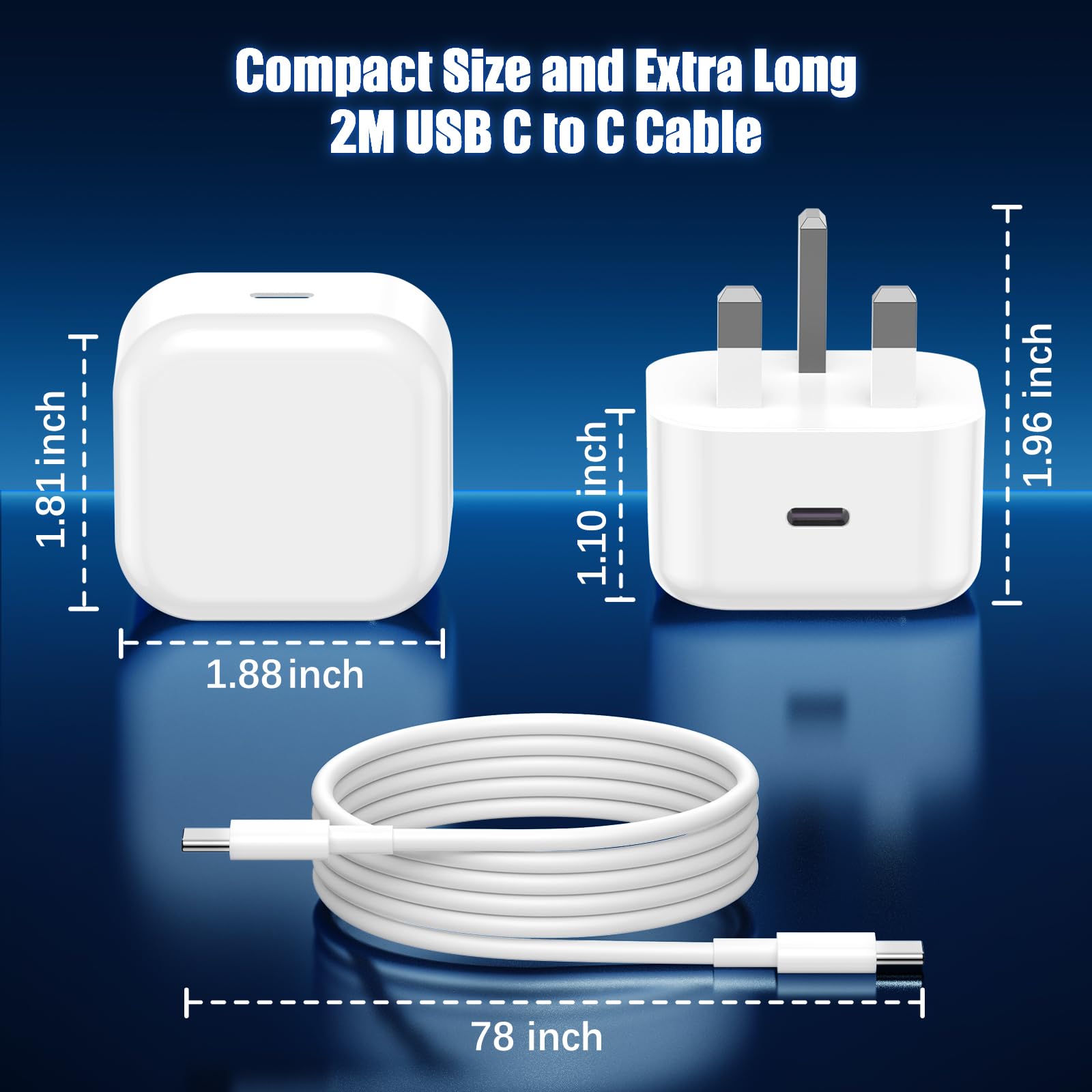 2-Pack 20W USB C Fast Charger Plug & 2M Type C Cable for iPhone 16/15 Pro Max/Plus, iPad Pro/Air - PD Fast Charging with Wall Adapter (Perfect for Home, Office & Travel)