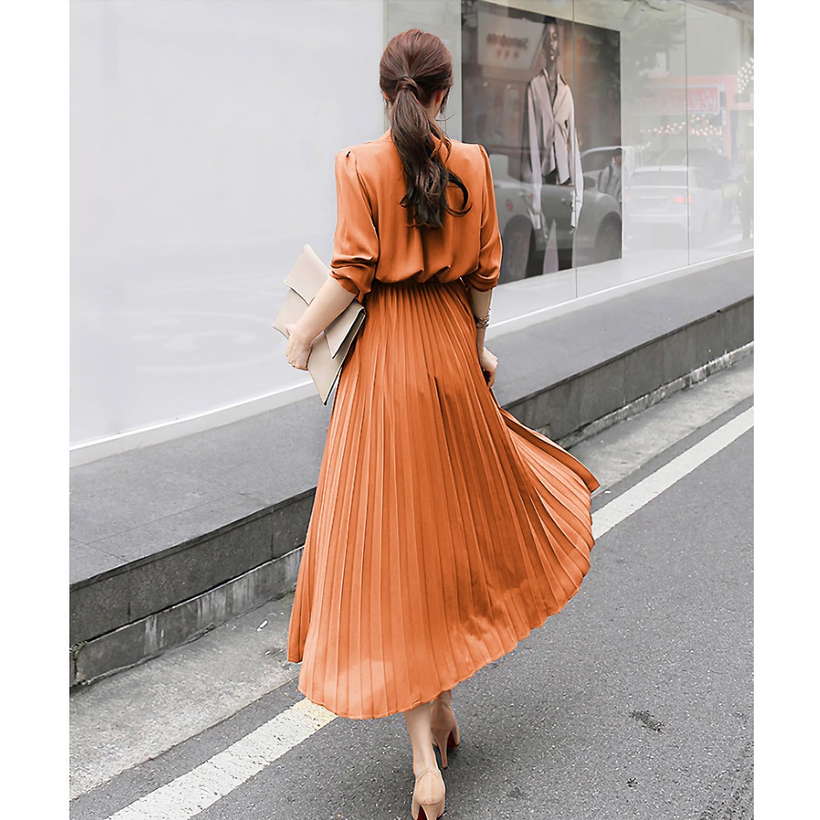 Women's Pleated Long Sleeve Maxi Dress - Loose Fit Casual Dress with Tie Waist - Perfect for Spring, Summer, Beach, Vacation & Everyday Wear