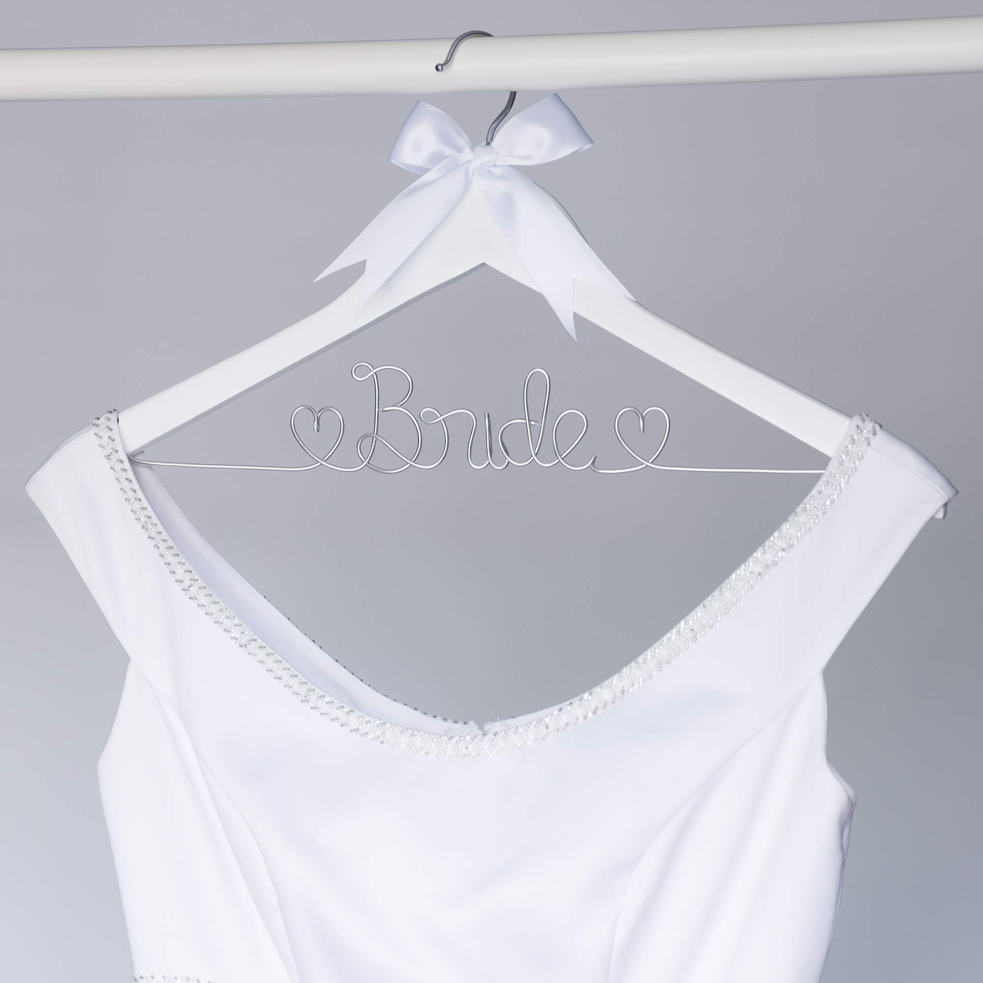 Ella Celebration Bride to Be Wedding Dress Hanger - White Wooden & Silver Wire Bridal Hanger for Wedding Gowns - Perfect for Bridal Showers, Wedding Photos & Bridal Suite Decor