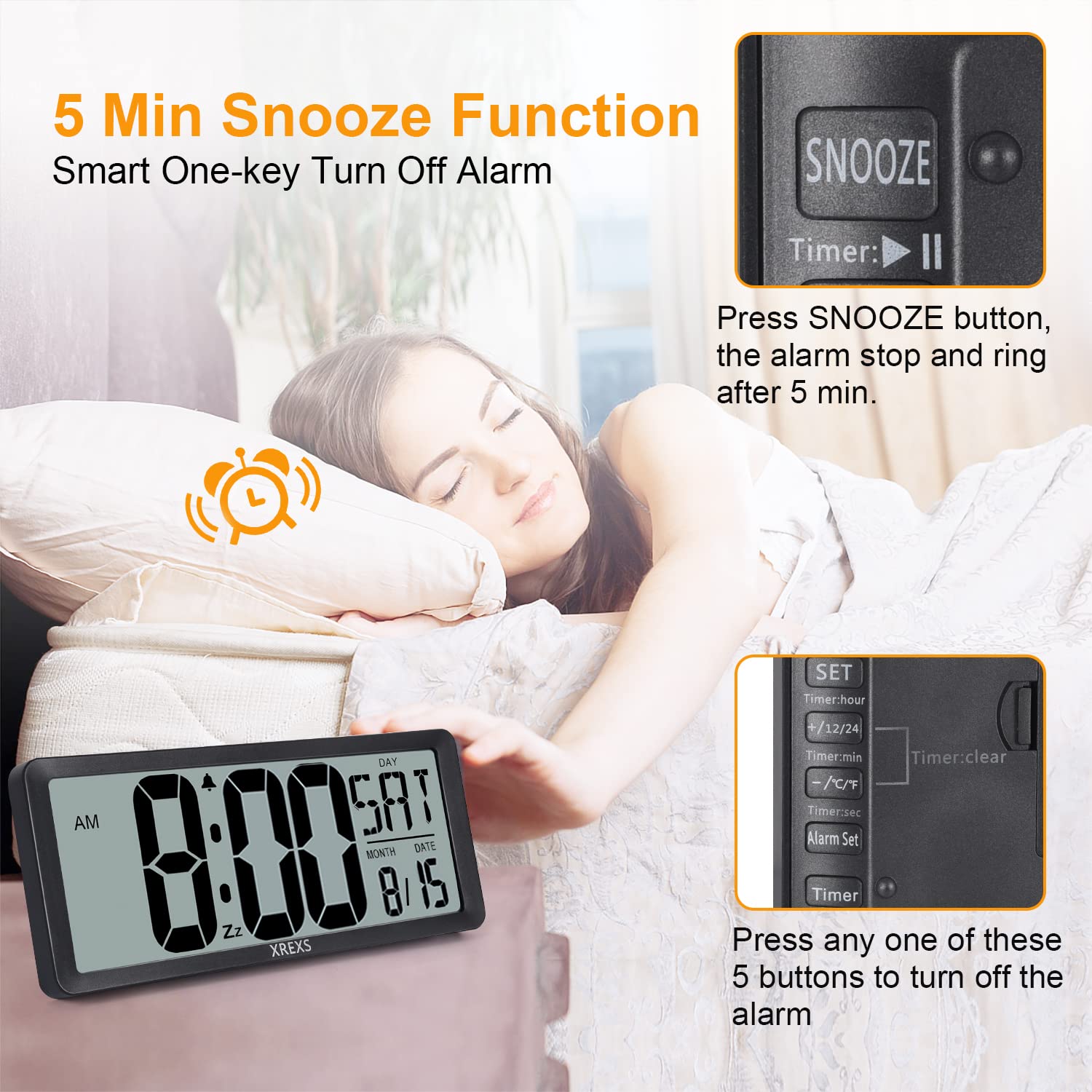 XREXS 14.17 Inch Large Digital Wall Clock with LCD Screen - Battery Operated Alarm Clock with Time, Calendar & Temperature Display - Count Up/Down Timer for Bedroom, Office & Home Decor (Batteries Included) - Perfect for Living Rooms, Kitchens, Classrooms & Workspaces