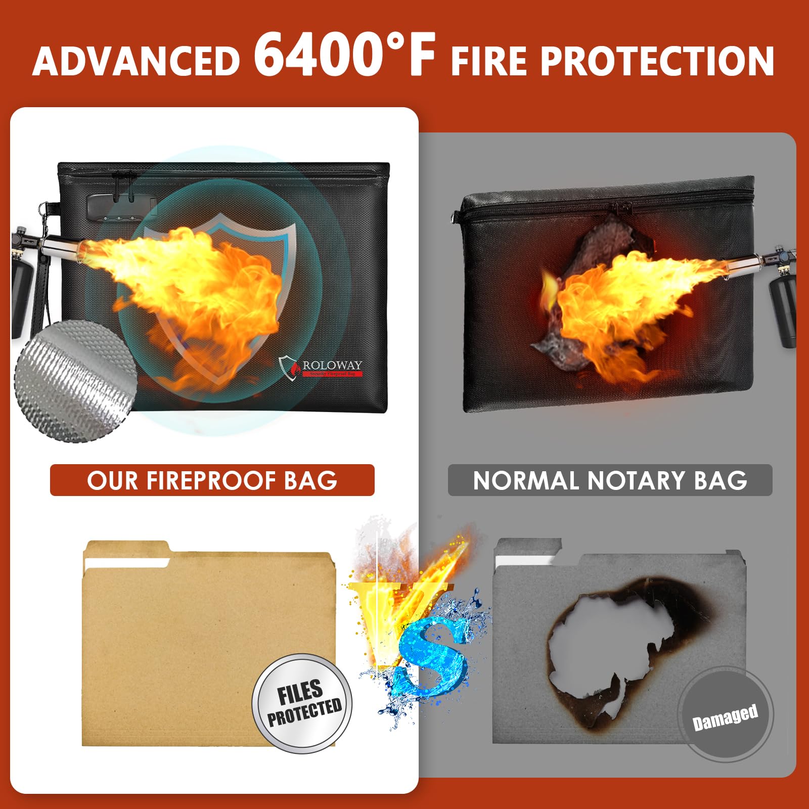 ROLOWAY Fireproof Document Bag 14.5 x 11.5 Inch - 6400℉ Fireproof Money Pouch with Zipper & Lock - Waterproof & Smell Proof Cash Bag for Bankers, Travel & Home Security - Black Fire Safe Storage Solution for Important Documents, Passports & Valuables