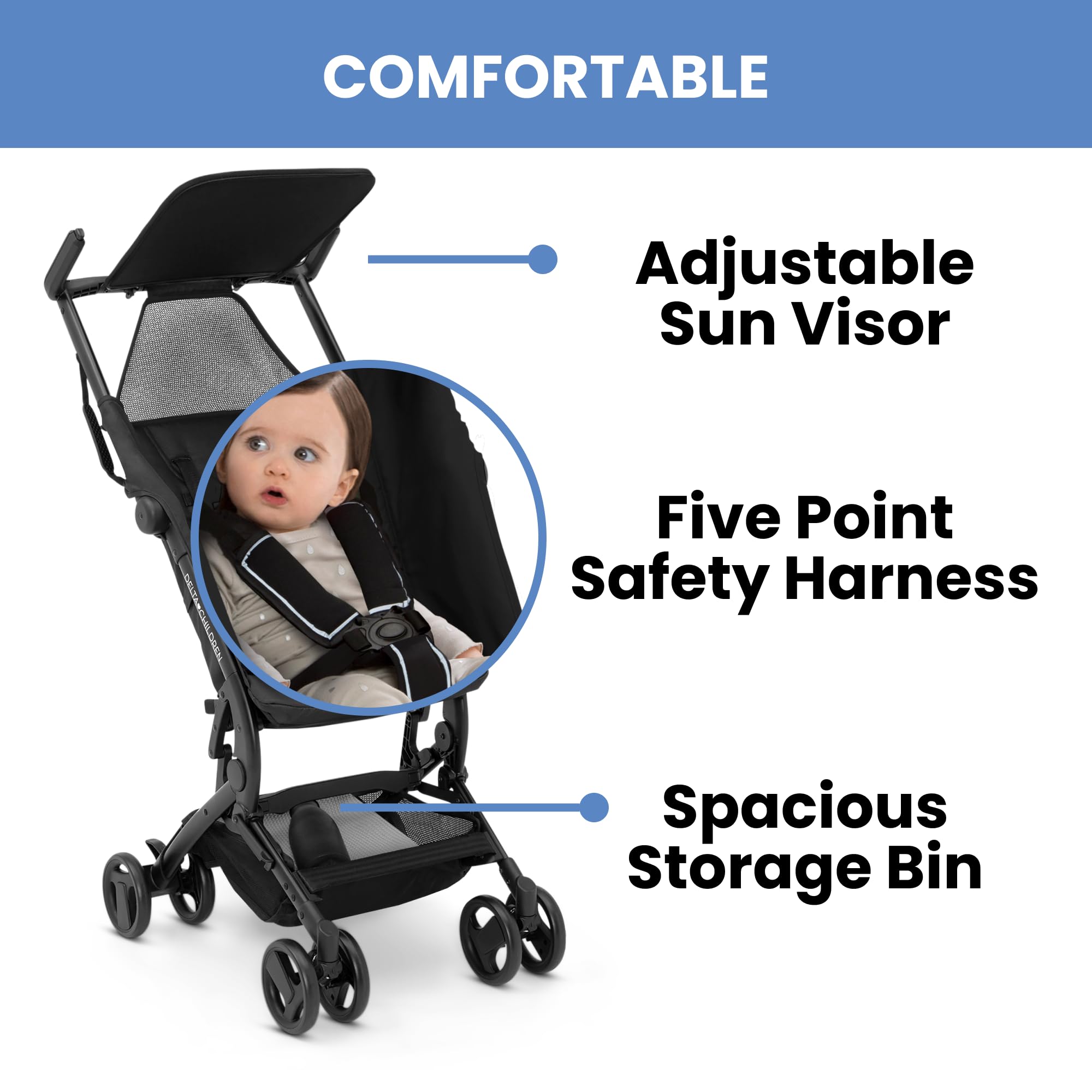 Delta Children Lightweight Compact Folding Travel Stroller - Airplane Approved Carry-On Stroller for Toddlers - Perfect for Air Travel, Shopping & Daily Use - Black