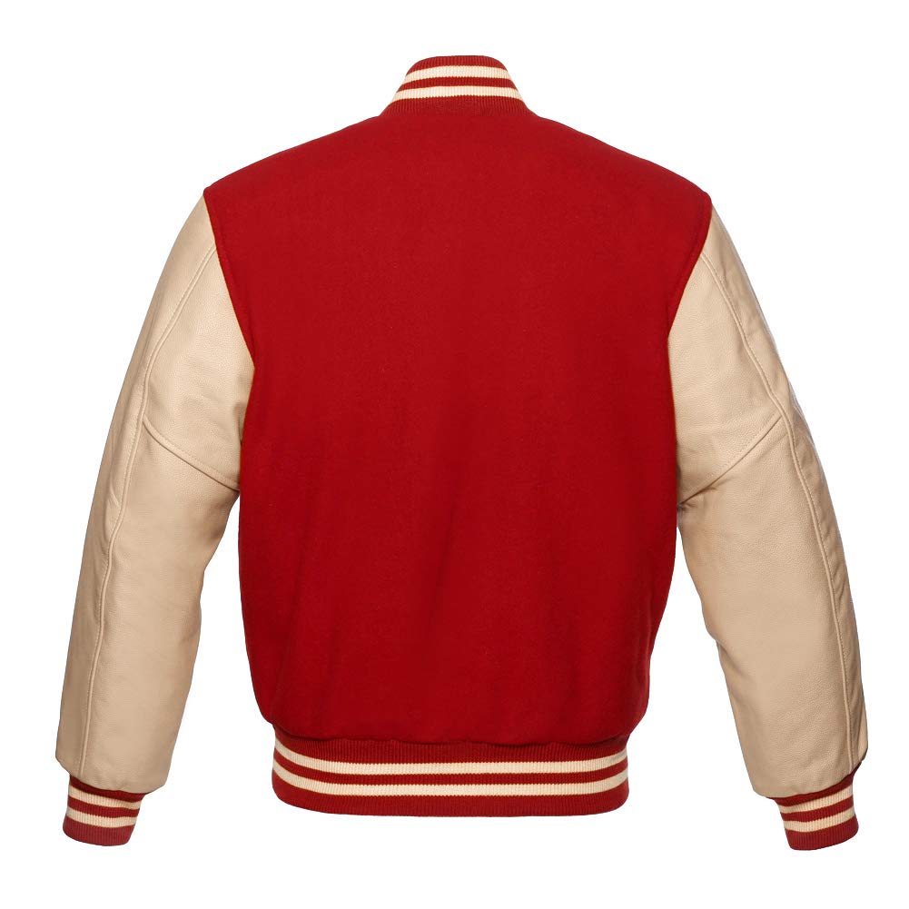 Varsity Baseball Letterman Jacket - Red Wool Body with Genuine Cream Leather Sleeves, Zipper Front | Perfect for High School & College Sports, Casual Wear, and Vintage Fashion