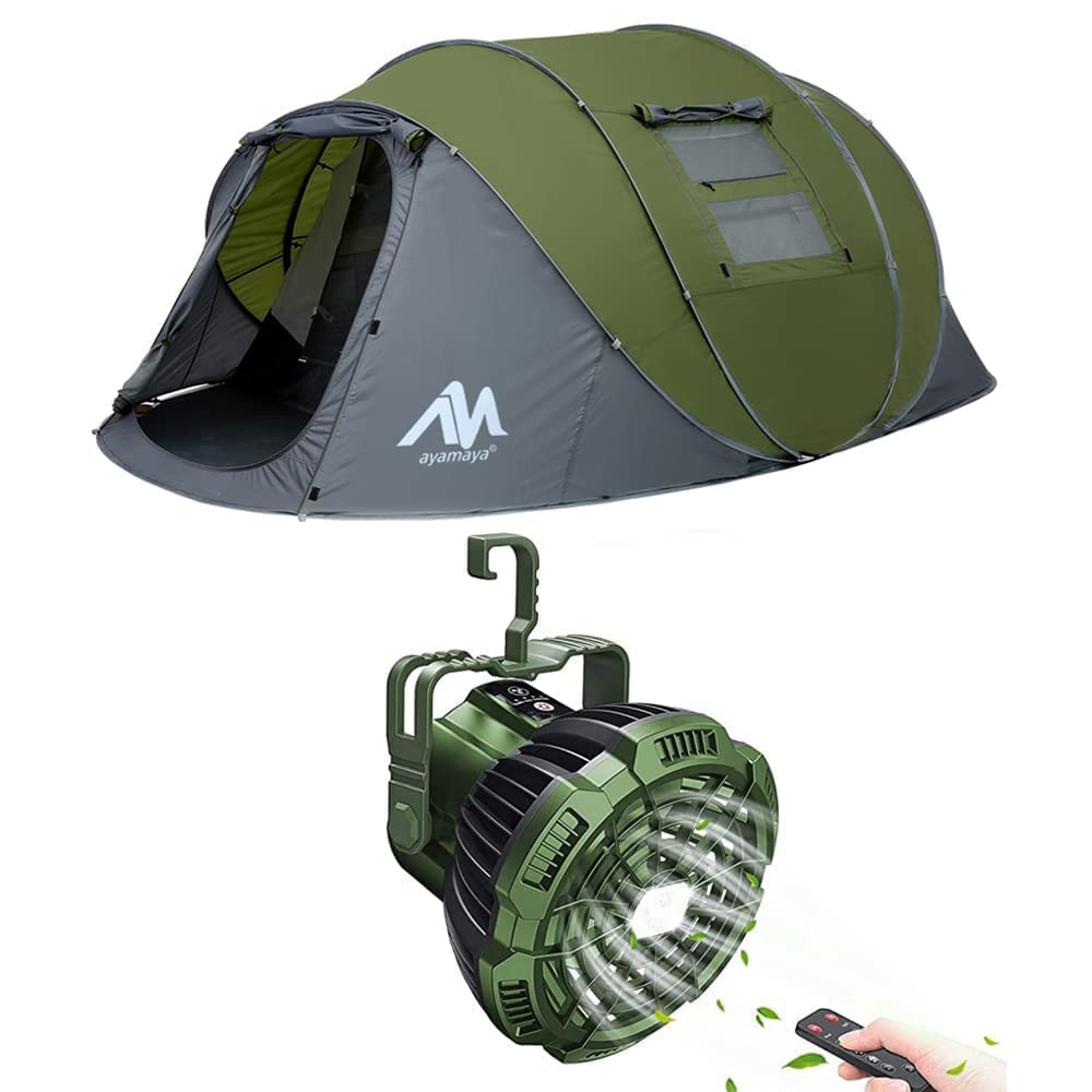 AYAMAYA 4-6 Person Pop Up Camping Tent with Rechargeable LED Fan & Remote Control - Instant Setup Family Tent for Outdoor Adventures, Beach Trips, and Backyard Camping