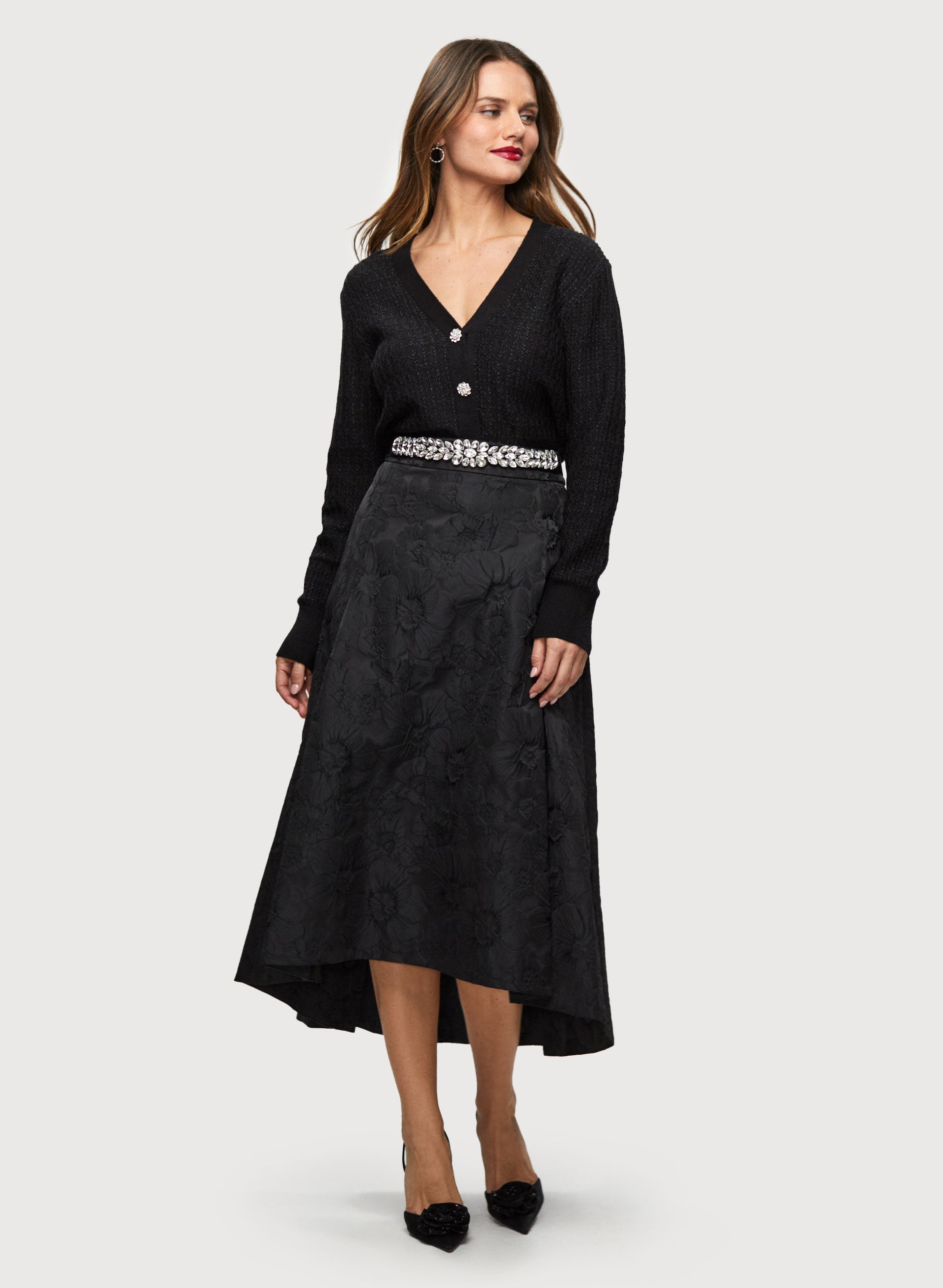 Elegant Crystal Button Cardigan & Asymmetric Skirt Set - Women's Chic Knitwear for Office, Date Night & Special Occasions