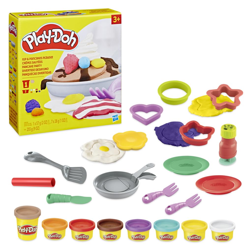 Play-Doh Kitchen Creations Flip 'n Pancakes Set - 14 Accessories & 8 Cans of Modeling Compound | Fun Educational Toy for Kids Ages 3+ | Perfect for Preschool Classroom, Birthday Gifts & Creative Play at Home