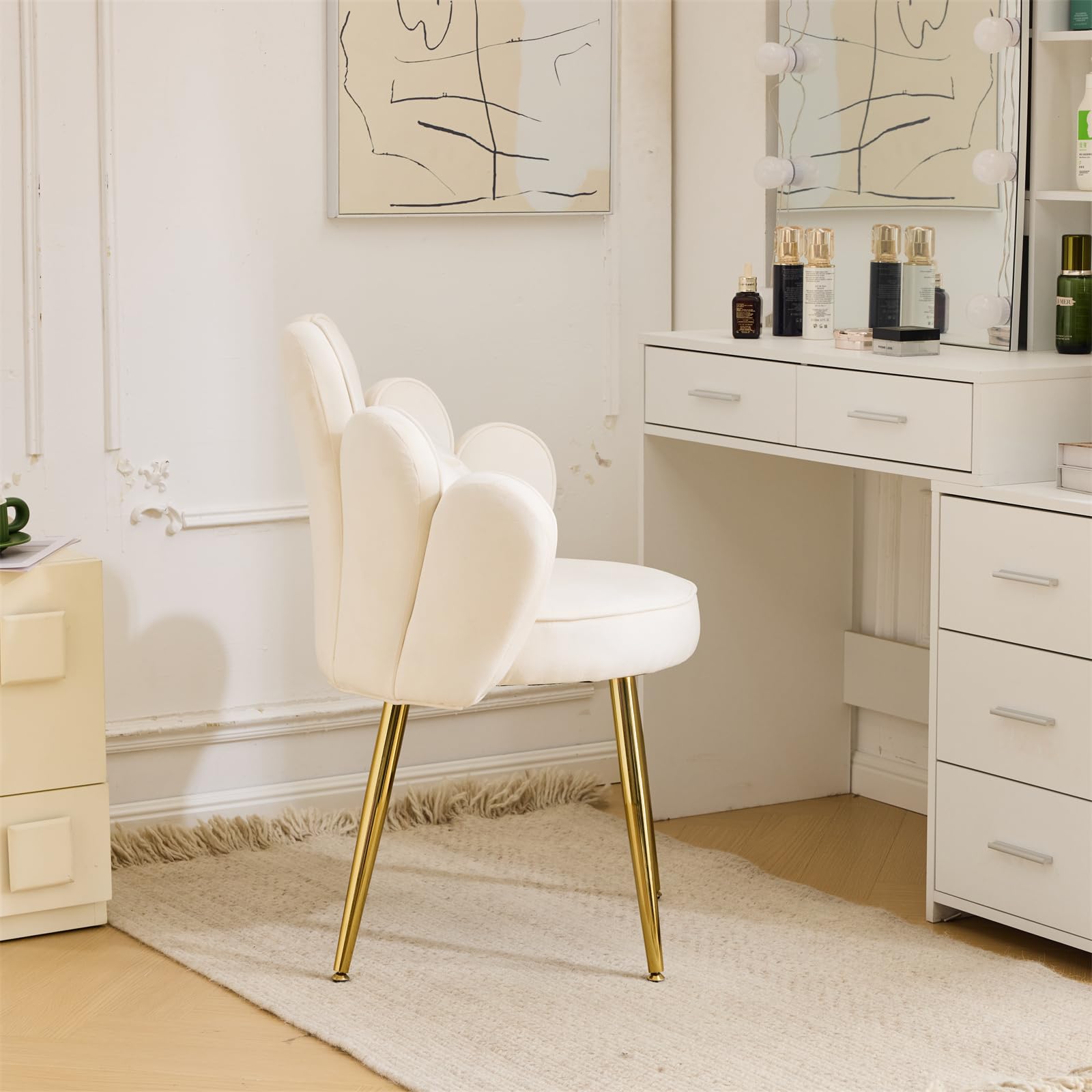 VINGLI Velvet Petal Makeup Vanity Chair with Back - Cute Flower Design, Adjustable Gold Legs & Bow Pillow - Comfortable No-Wheels Desk Chair for Girls, Modern Dining & Accent Chair - Perfect for Home Office, Bedroom, Dressing Room (White)