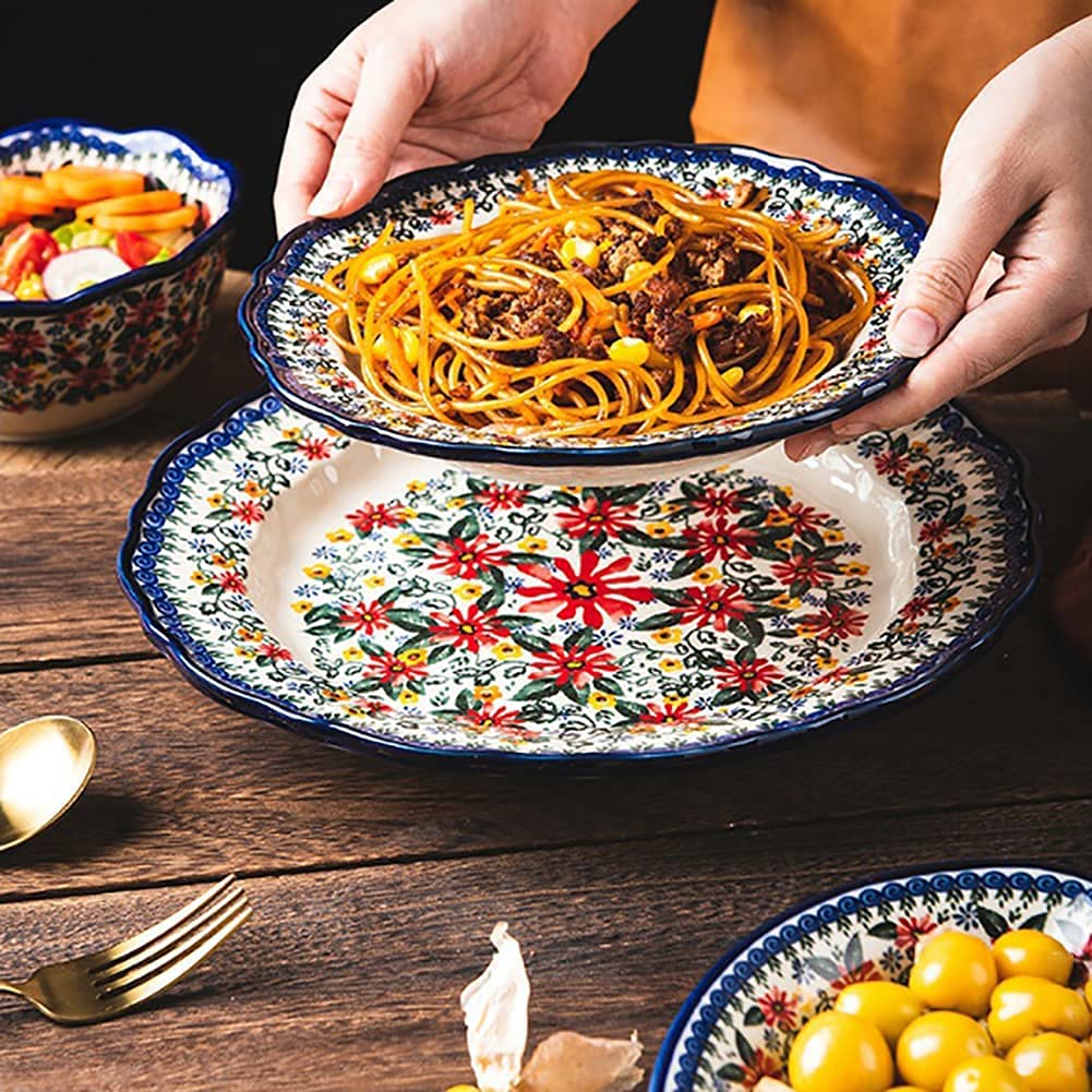 Exotic Red Daisy Ceramic Dinnerware Set - 6 Piece Floral Edge Plates, Bowls & Pot for Family Dining | Elegant Tableware for Parties, Holidays & Everyday Use