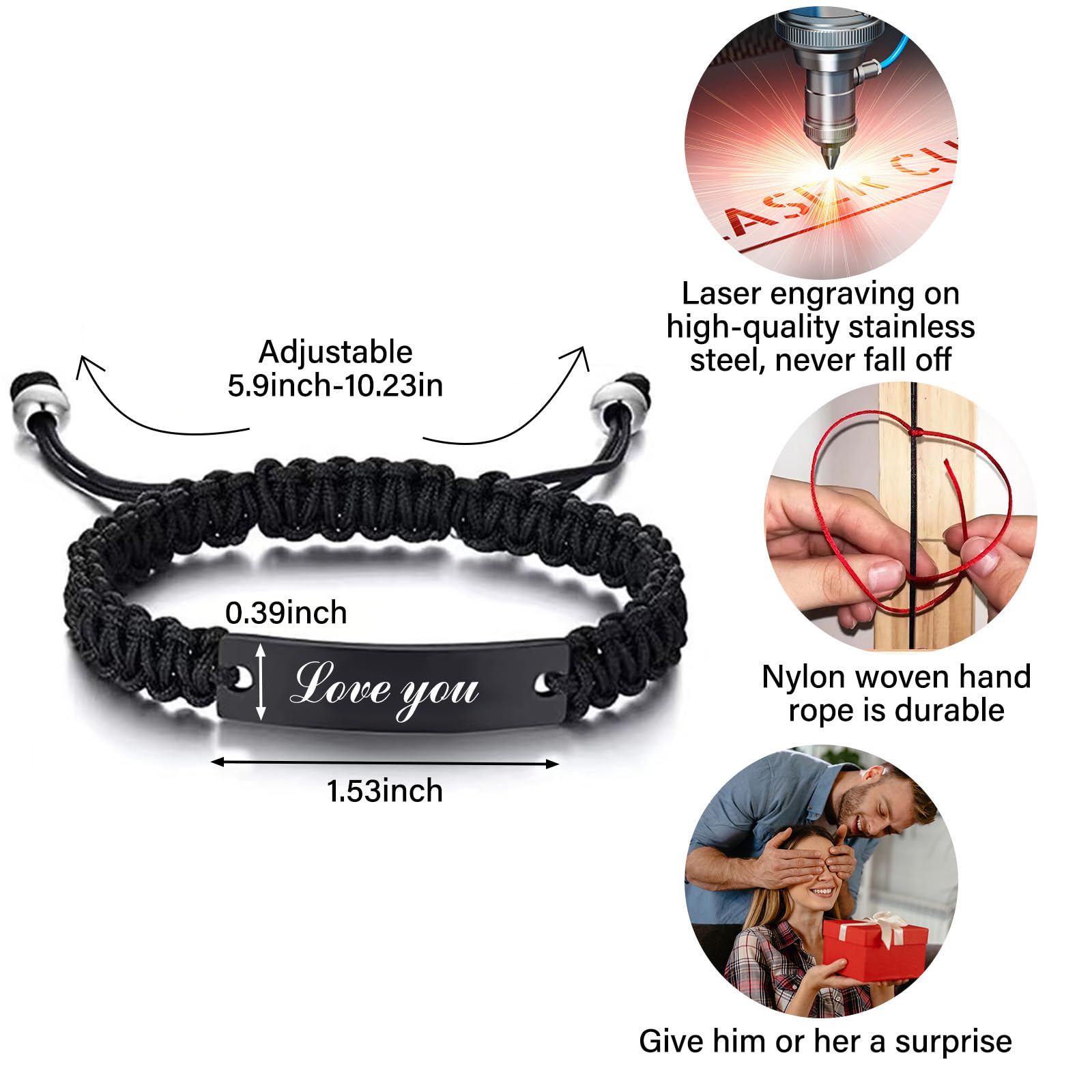 Custom Engraved Couple Bracelets - Personalized Matching Braided Adjustable Love Bracelets for Men & Women | Anniversary, Valentine's Day & Christmas Gifts for Couples | Handmade Romantic Jewelry for Dating & Special Occasions
