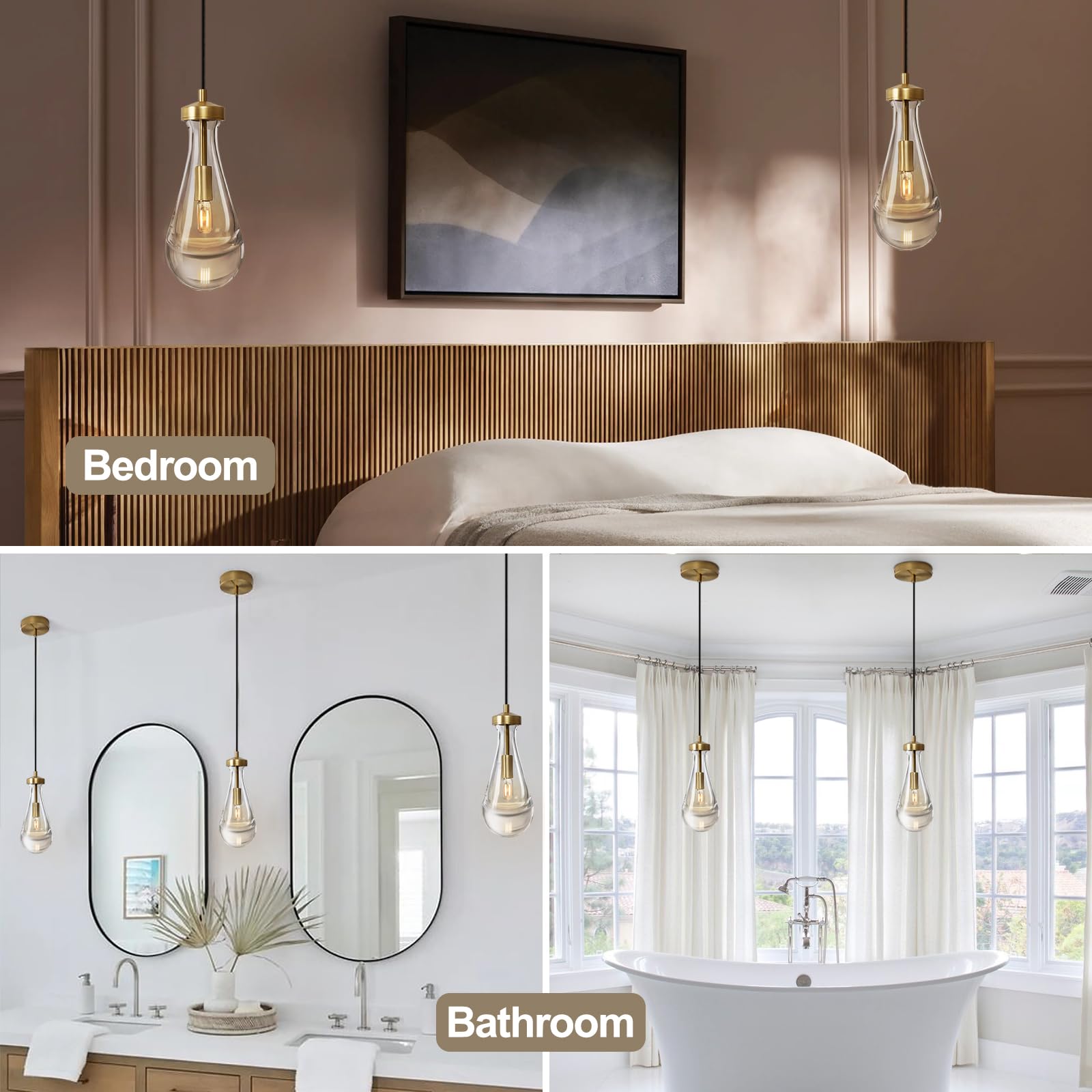3 Pack Raindrop Pendant Lights Set - Modern Teardrop Glass Pendant Lighting for Kitchen Island, Bedroom, Bathroom & Living Room - Includes Bulbs | Perfect for Dining Room, Hallway & Home Decor