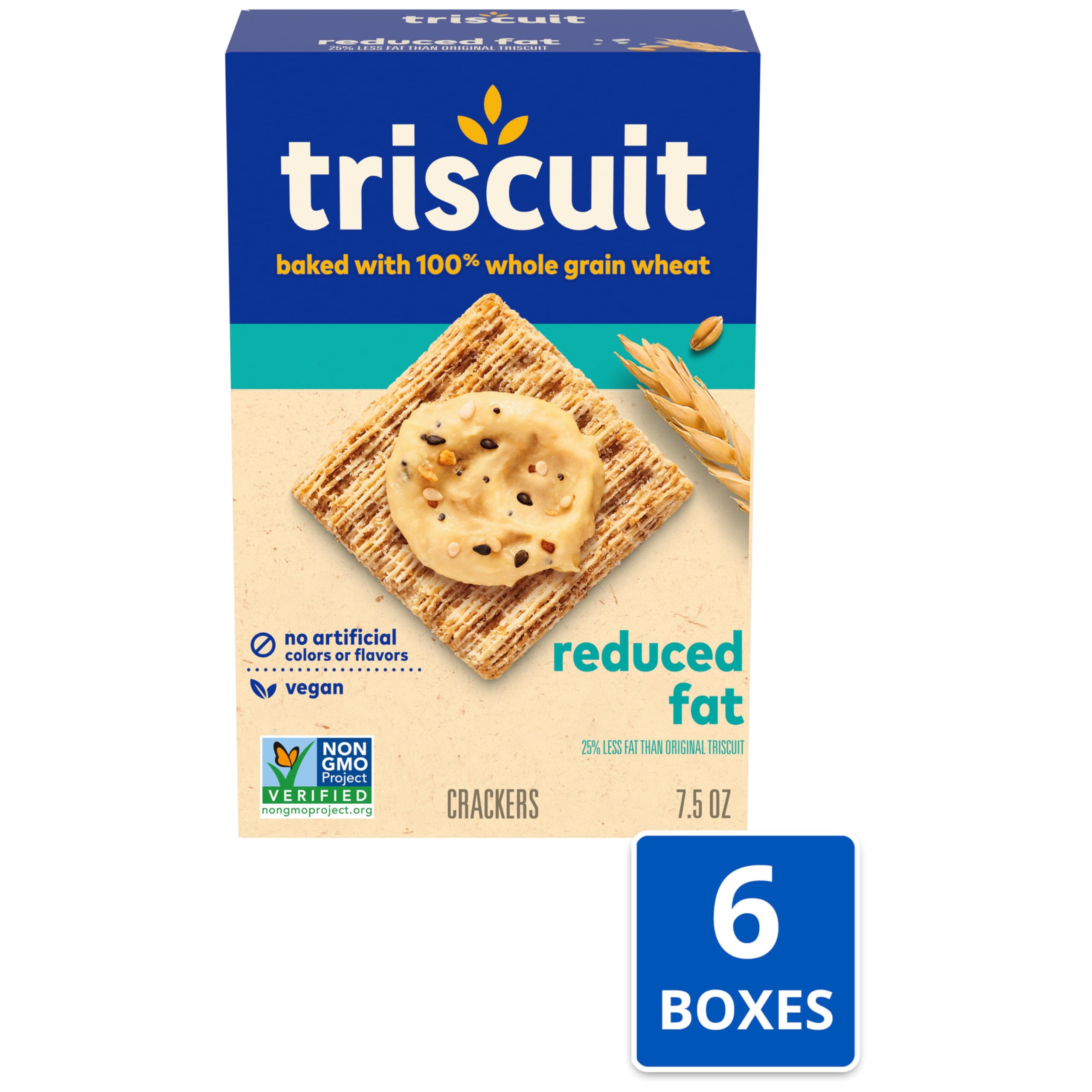 Triscuit Reduced Fat Whole Grain Wheat Crackers - Vegan, Gluten-Free Healthy Snacks for Lunch, Office & On-The-Go - Bulk Pack of 6 (7.5 oz Boxes) - Perfect for Parties, School & Work Snacking