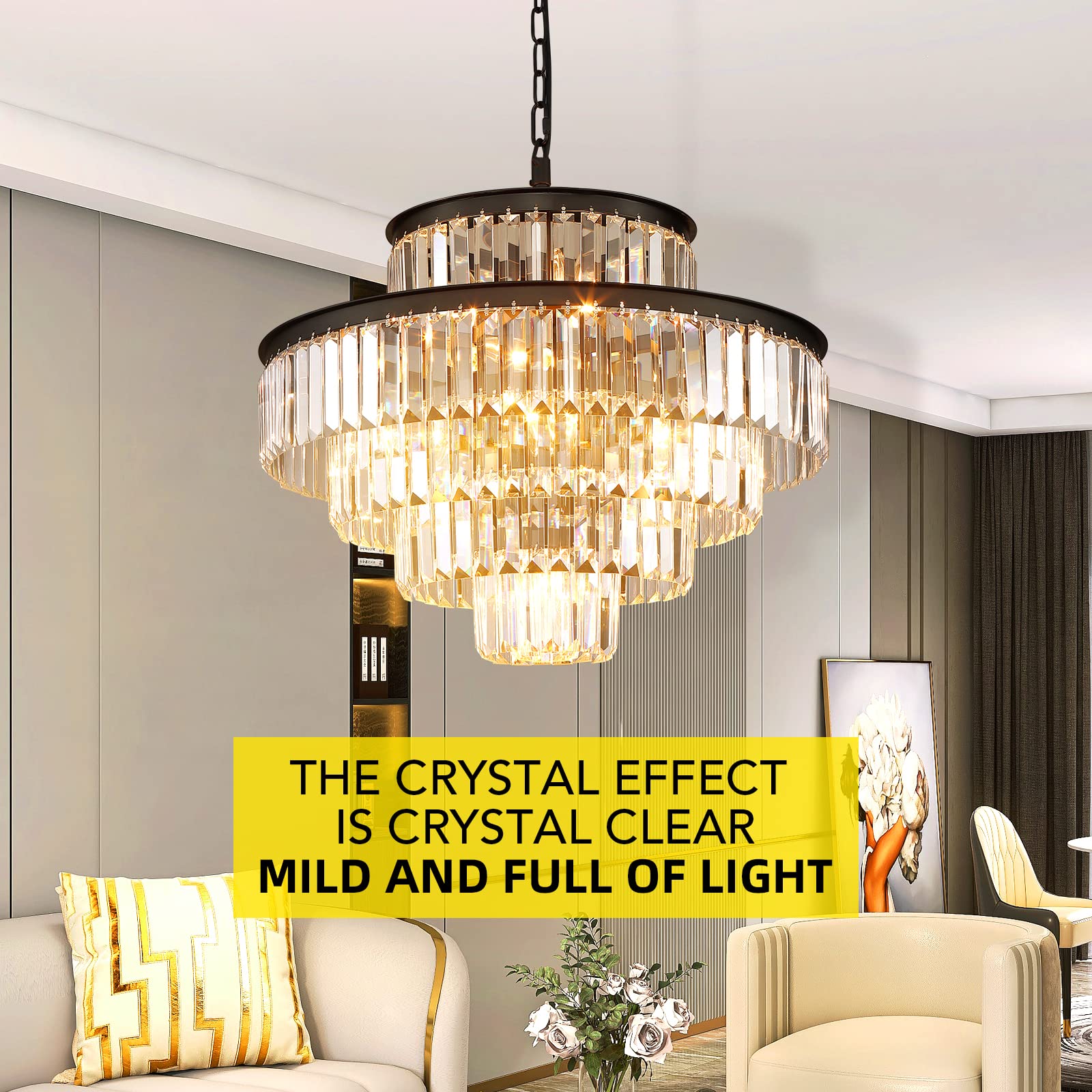 Modern Black Crystal Chandelier - 5-Tier Round Hanging Pendant Light Fixture (24 Inch) for Dining Room & Living Room | Elegant Ceiling Lighting for Home Decor, Weddings & Special Events