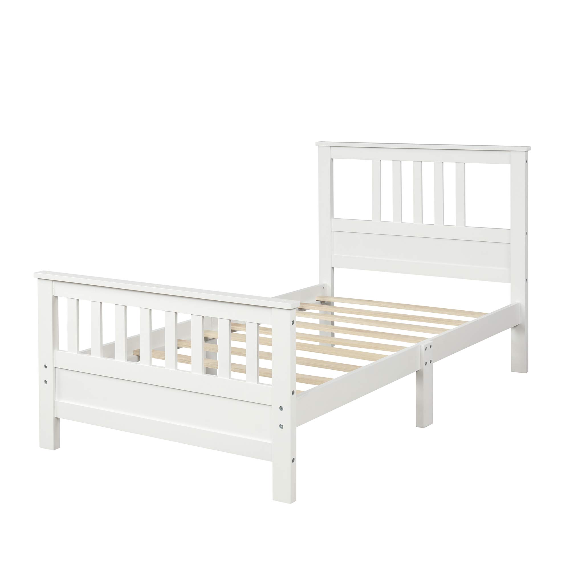 P PURLOVE Twin Size Wooden Platform Bed Frame with Headboard & Footboard - Sturdy Wood Slat Support - White Finish - Perfect for Kids Rooms, Guest Bedrooms & Small Spaces