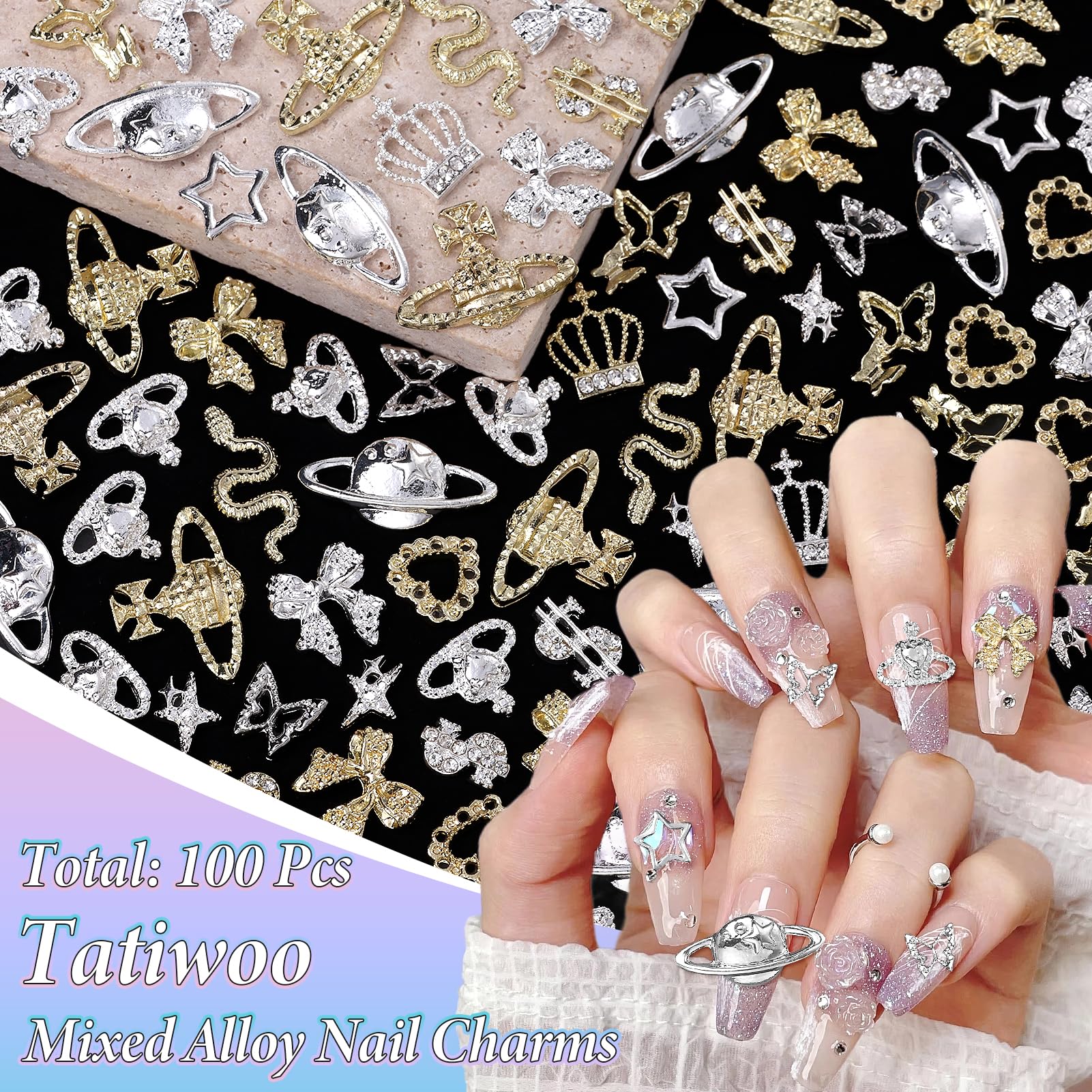 100 Pcs Gold & Silver Star Bow Nail Charms, 3D Crown & Dollar Nail Art Charms, Snake Alloy Nail Decorations for DIY Manicure - Perfect for Parties, Weddings, and Nail Art Enthusiasts