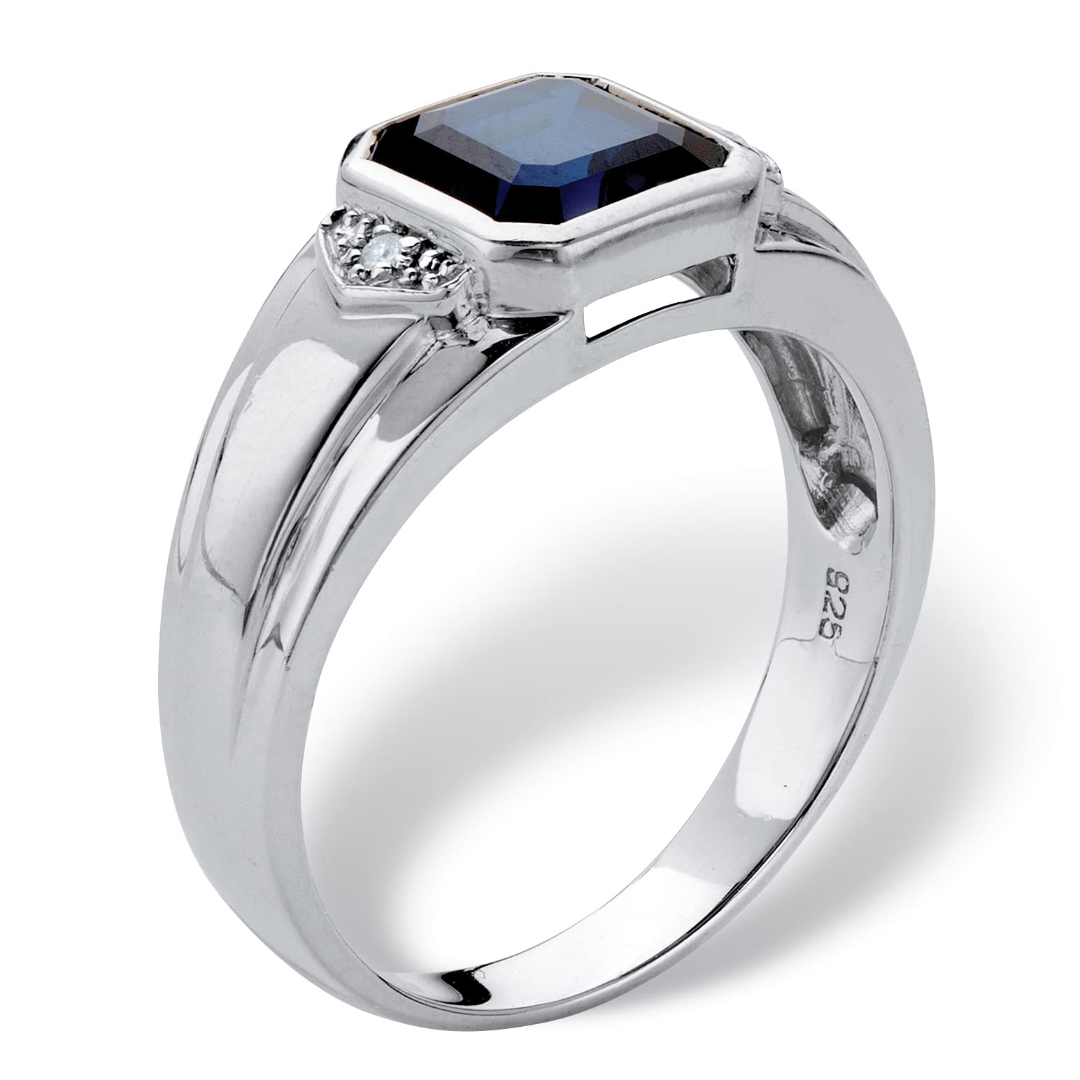 Platinum Over Sterling Silver Men's Ring - Square Cut Created Blue Sapphire & Diamond Accent Octagon Design for Wedding, Engagement & Special Occasions