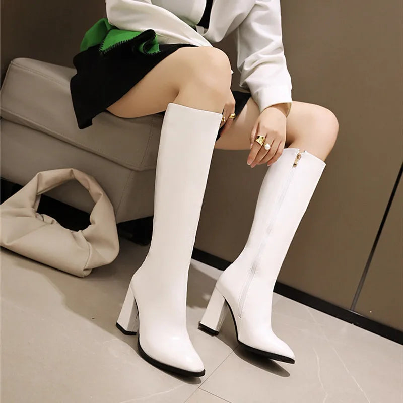 Elegant Women's Knee High Boots with Zipper - Autumn Winter Fashion Heeled Boots in White & Green - Size 48 for Tall Women - Perfect for Office, Party & Winter Outfits
