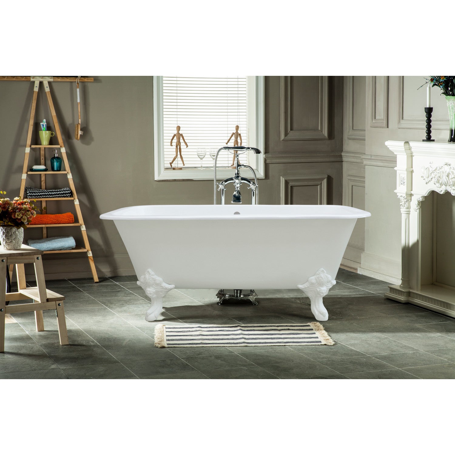 67 Inch White Cast Iron Clawfoot Bathtub - Rectangular Double Ended Freestanding Soaking Tub for Bathroom & Spa Relaxation (No Faucet Drillings)