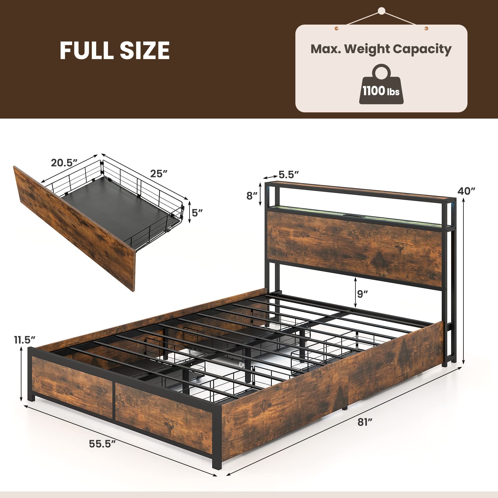 Giantex Full Size LED Bed Frame with USB Charging Station & Storage Drawers - Modern Metal Platform Bed with Outlet & Smart Lighting - Perfect for Small Apartments, Dorms & Smart Homes (No Box Spring Needed, Easy Assembly)