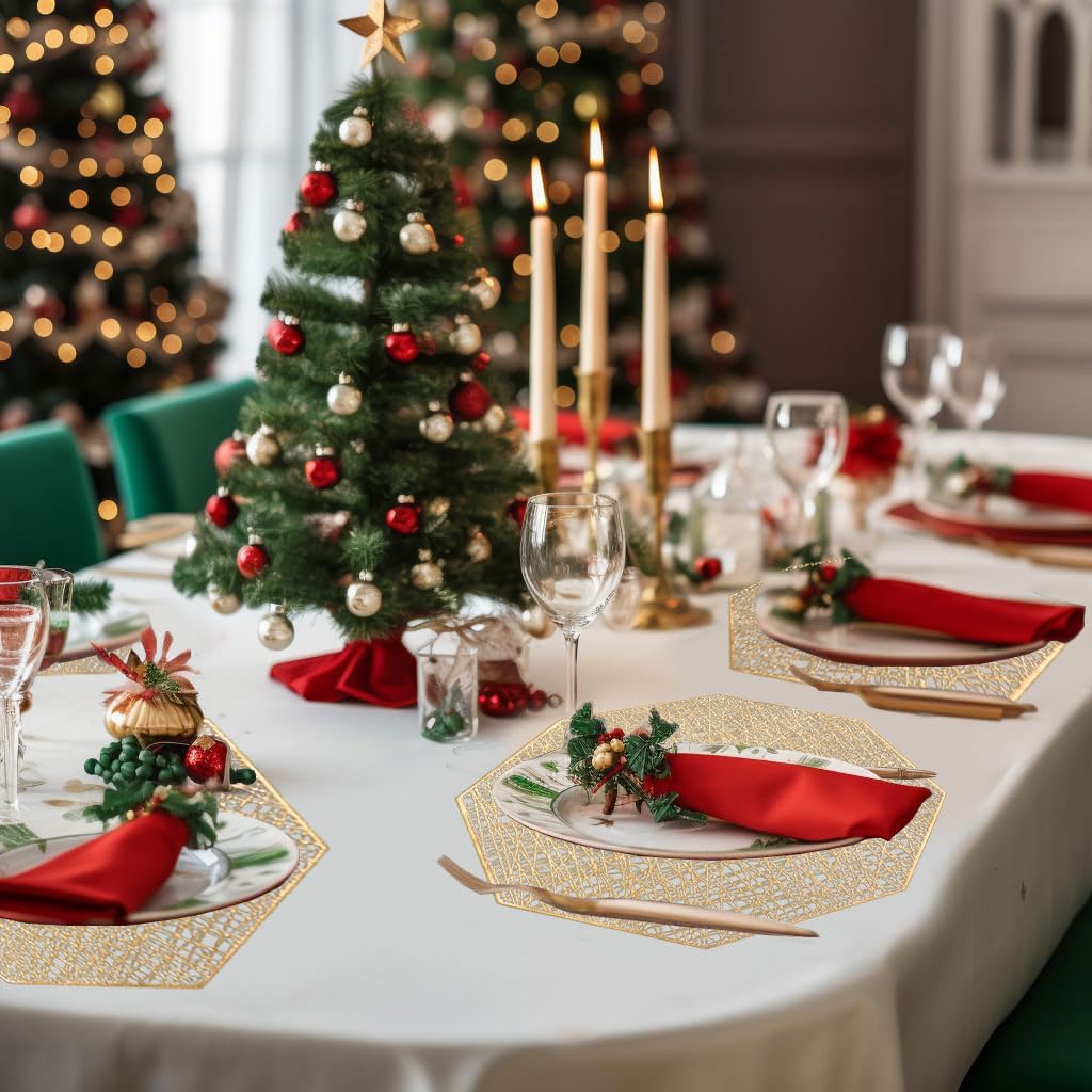 Homcomoda Octagonal Non-Slip Placemats Set of 6 - Gold Dining Table Mats for Everyday Meals & Dinner Parties