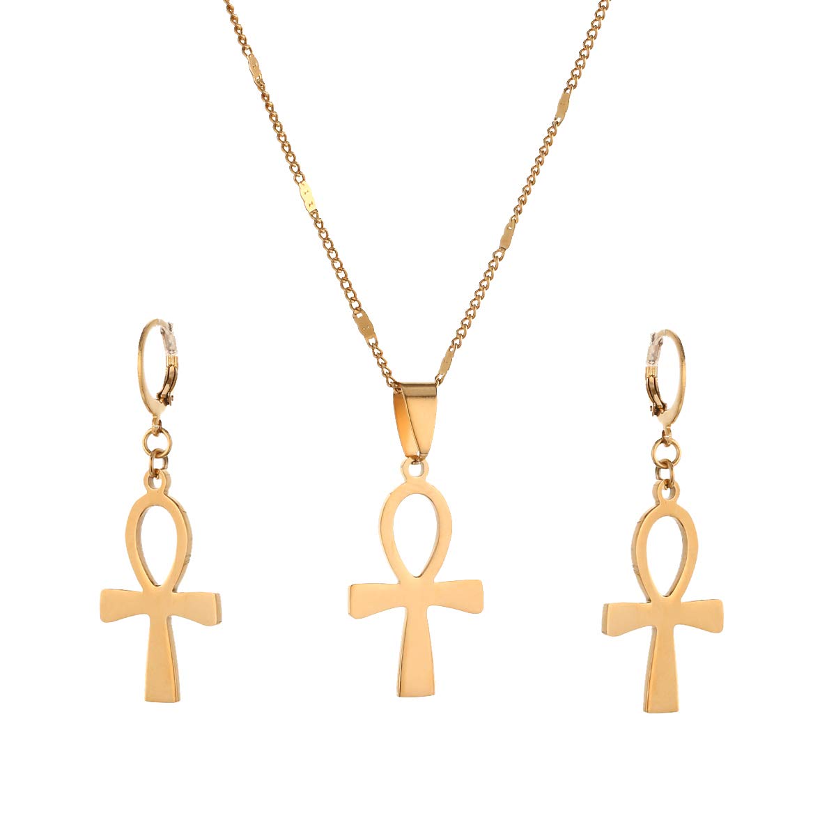 Yidan Egyptian Jewelry Set - Stainless Steel Vintage Ankh Cross Pendant Necklace & Earrings - Key of The Nile Symbol - Perfect for Costume Parties, Gifts & Boho Fashion