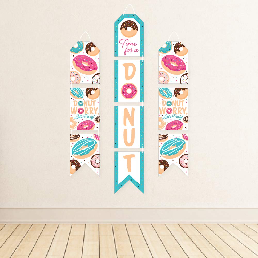 Big Dot of Happiness Donut Worry Let's Party Hanging Vertical Paper Door Banner - Doughnut Themed Wall Decoration Kit for Indoor Parties, Baby Showers & Birthday Celebrations