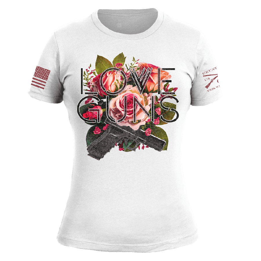 Women's Love Guns Slim Fit T-Shirt - White | Trendy Graphic Tee for Casual Wear & Street Style